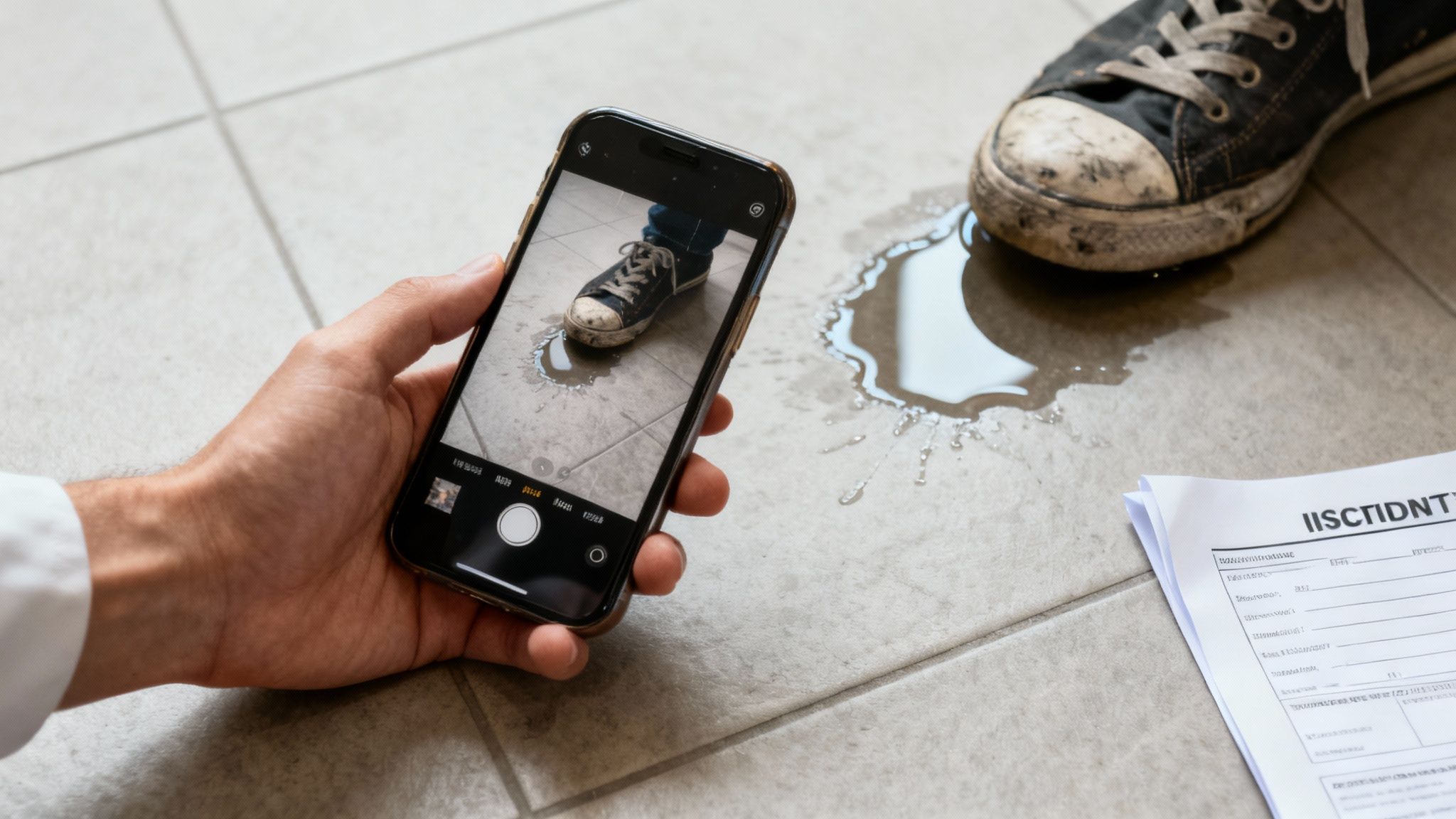 Person photographs a muddy shoe in a water puddle on tiled floor, next to an incident report form.