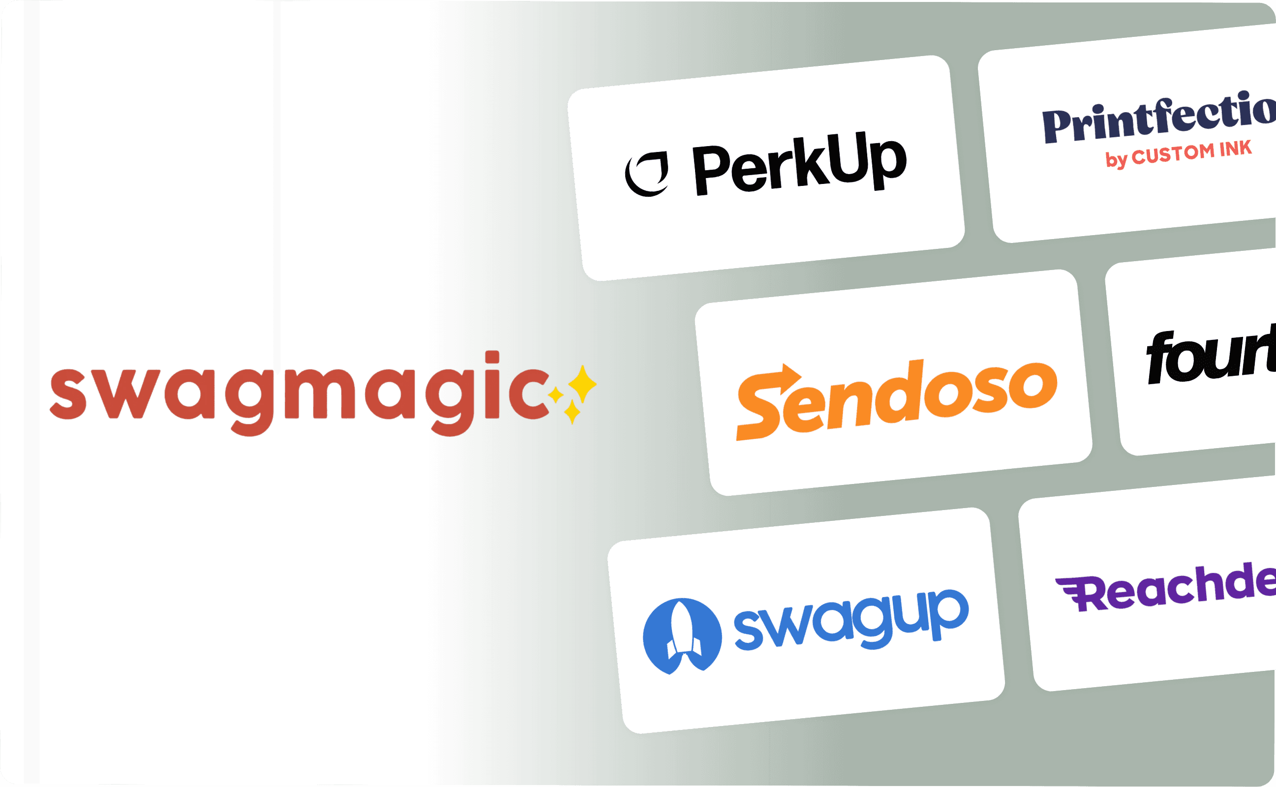 Logos of SwagMagic alternatives: PerkUp, Printfection, Sendoso, Fourthwall, SwagUp, and Reachdesk.