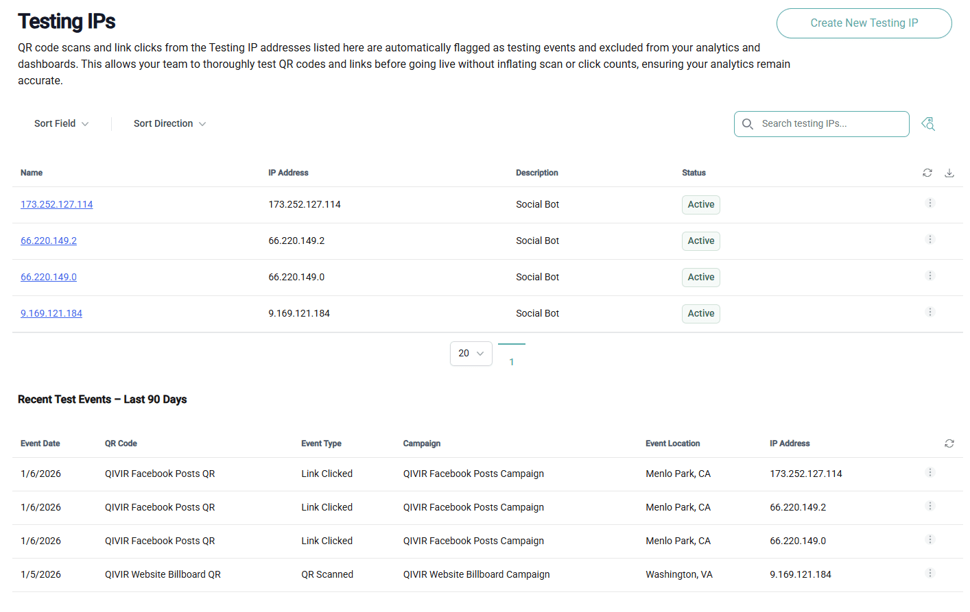 Testing IPs configuration screen in QIVIR.