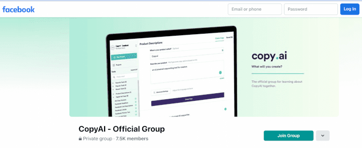 Copy.ai's official facebook group
