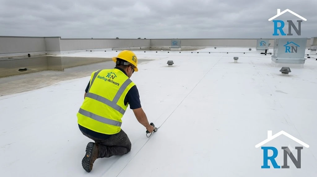 Roofing technician inspecting a seam on a flat commercial TPO roof to locate a leak in South Florida