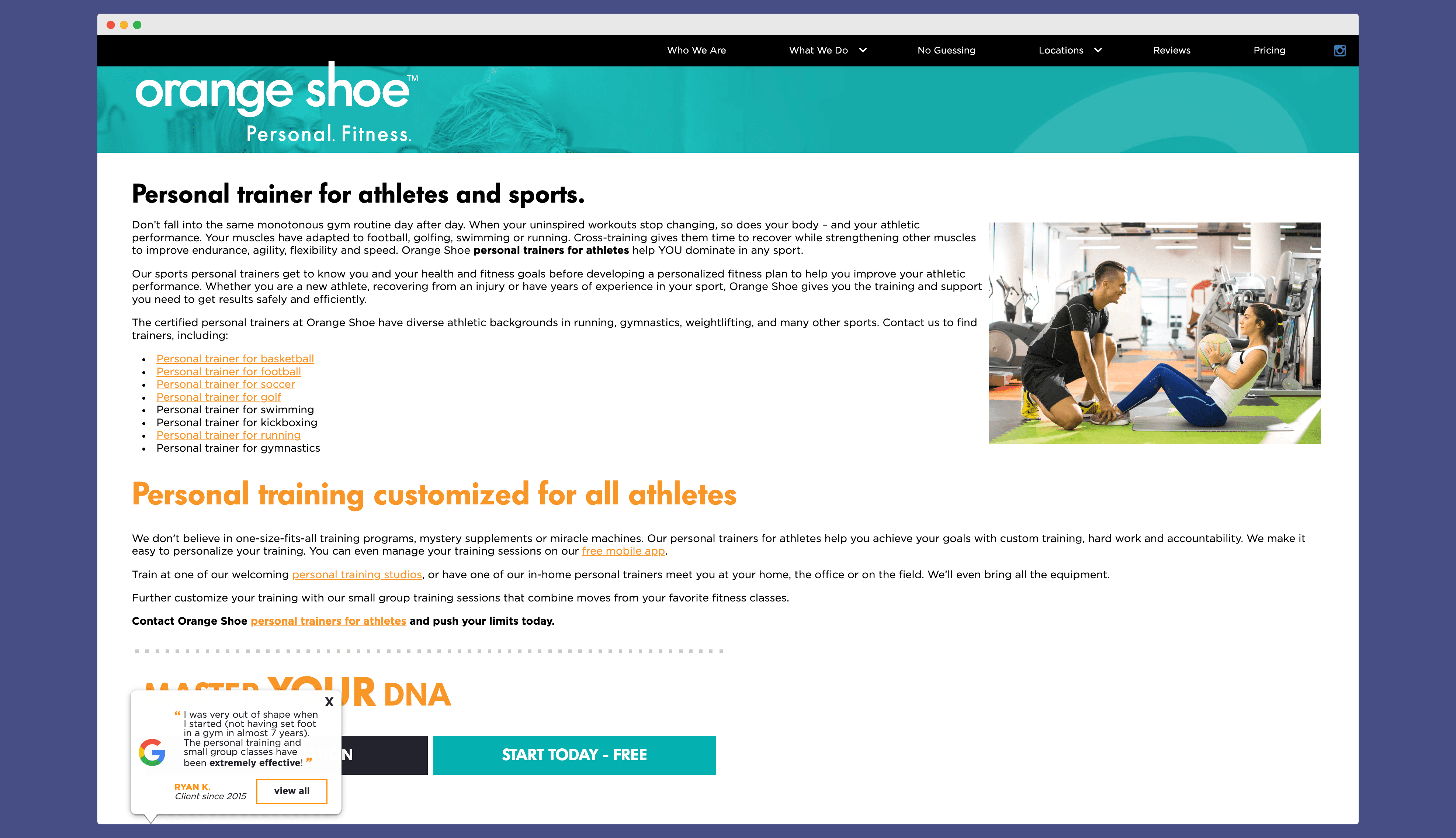 A screenshot of Orange Shoe Personal Fitness website