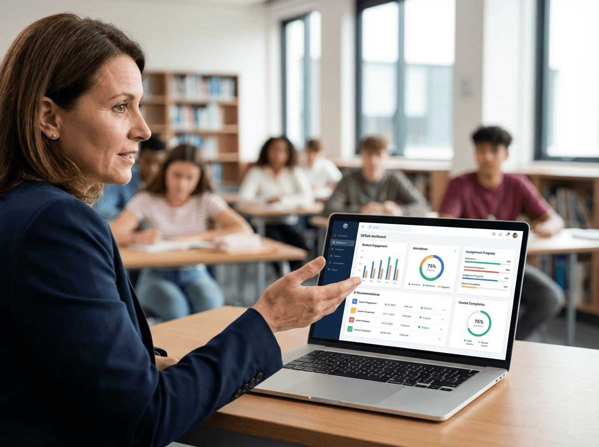 “EdTech dashboard visual showing student engagement analytics, progress tracking, and AI-powered learning insights.”