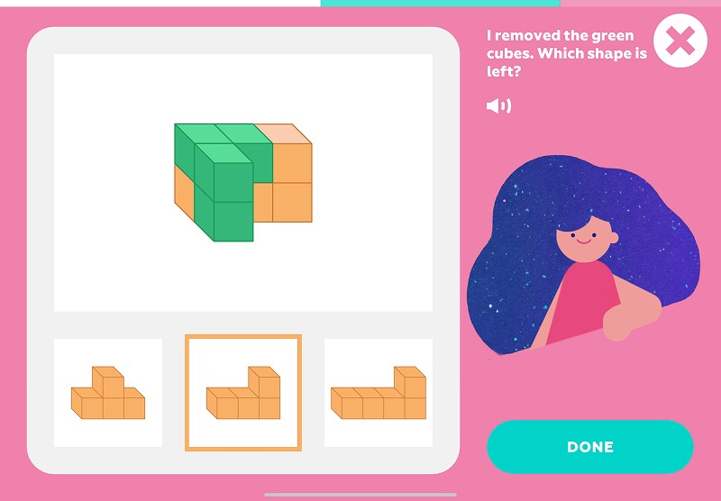 3D shapes: find what shape remains after removing all green cubes