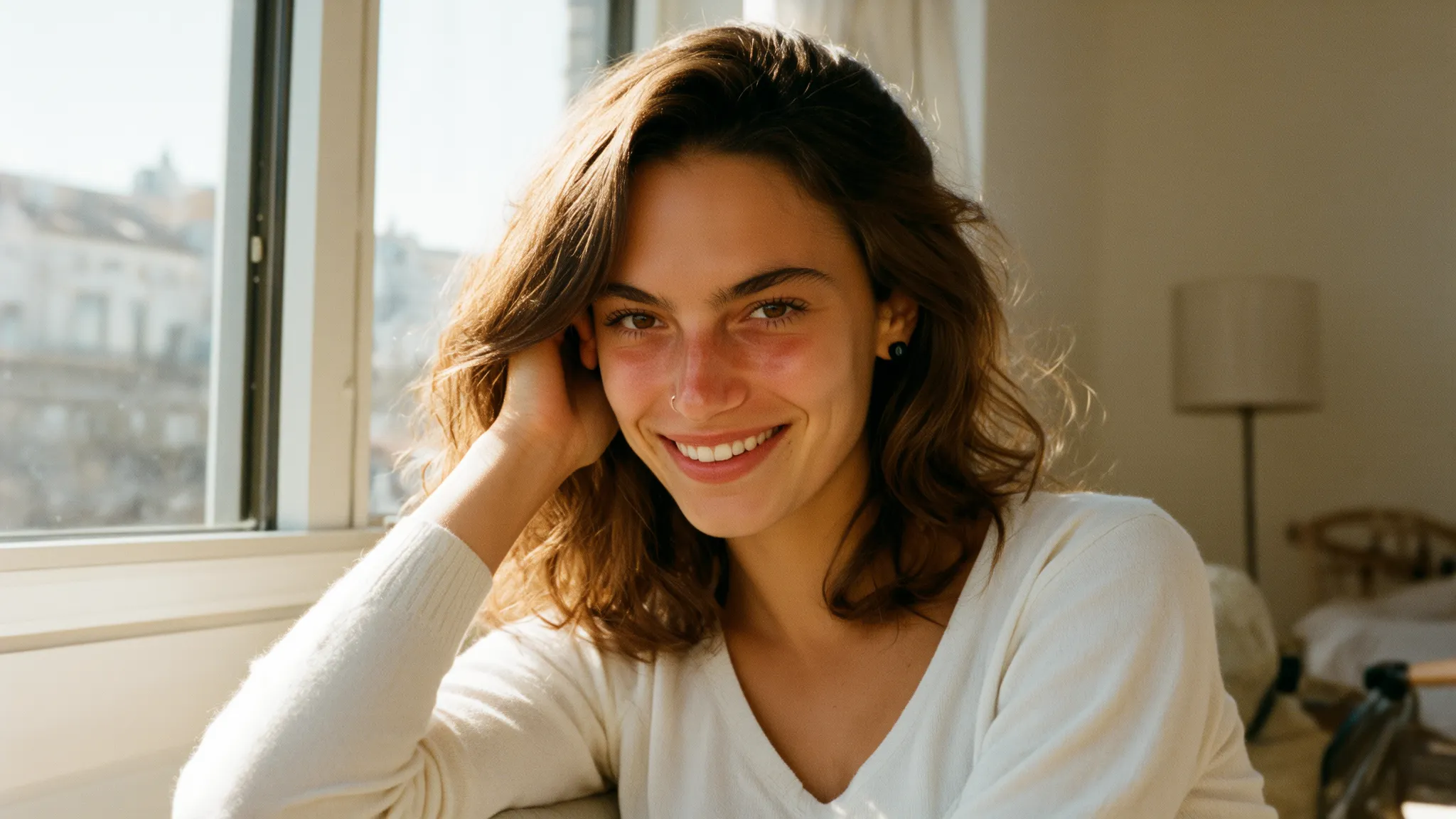 Weibliches KI-Model lächelt entspannt am Fenster in natürlichem Morgenlicht – hochwertiger AI-Lifestyle-Content für Social-Media-Posts, Wohlfühl-Kampagnen und moderne Markenkommunikation.