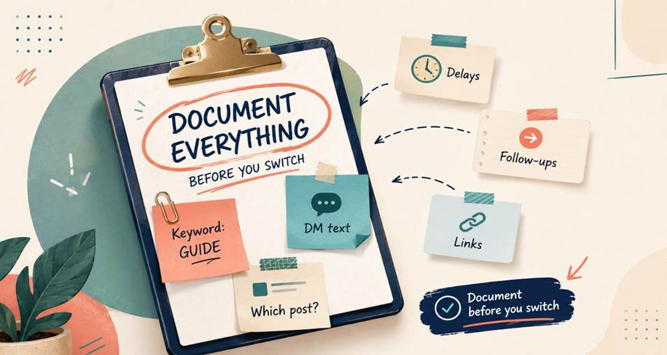 Documenting Instagram DM automation details like keywords, DM text, posts, delays and follow ups before switching tools in 2026