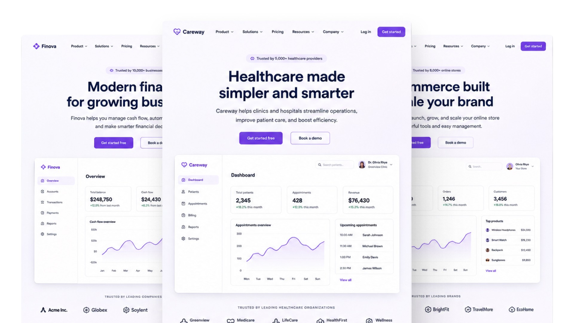Side-by-side comparison of three AI-generated startup landing pages from different industries showing near-identical structure, hero, and color treatment