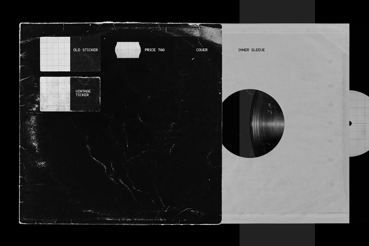 Vinyl record mockup with editable stickers including vintage label and price tag