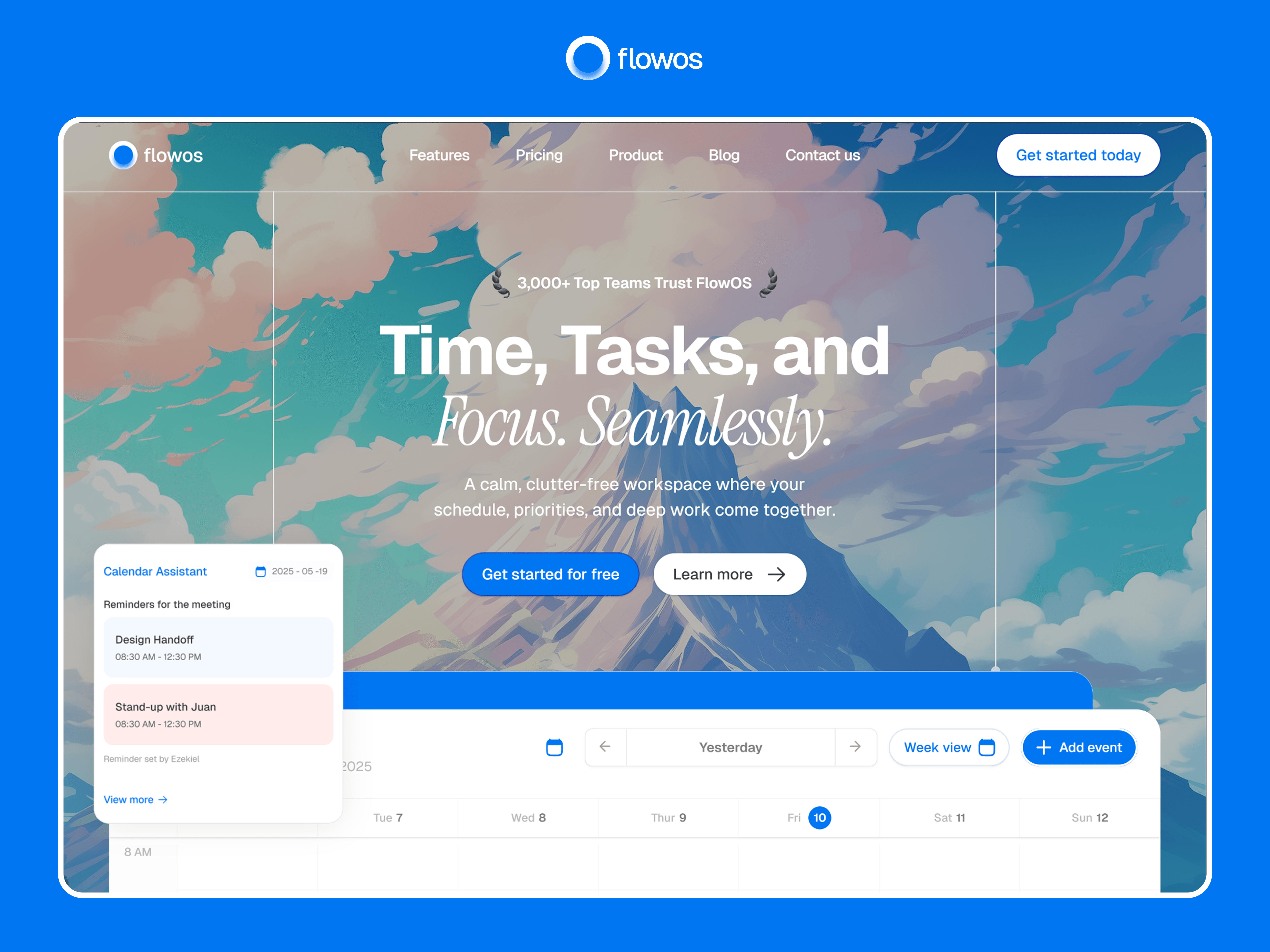 FlowOS — blue Framer SaaS website template with calendar UI and productivity app design, built for teams and software products