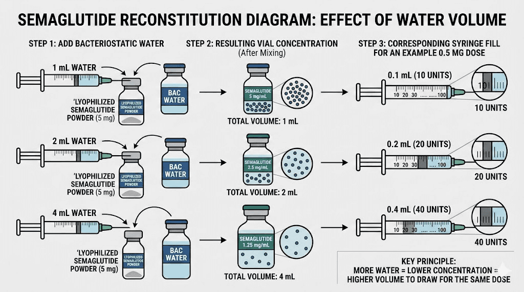 Semaglutide reconstitution guide showing water volume impact on concentration and unit dosing