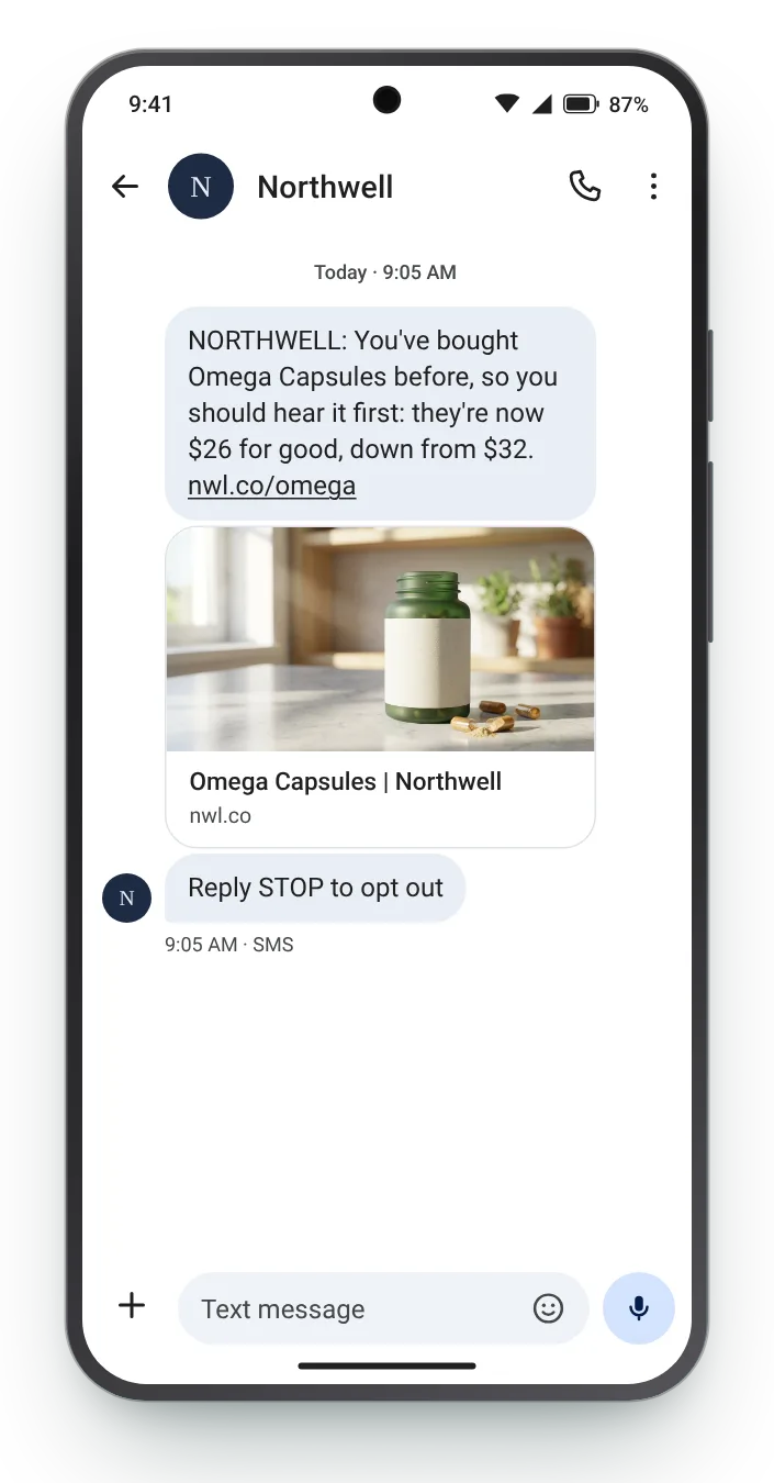 A permanent cut for regular buyers price drop text on an Android phone