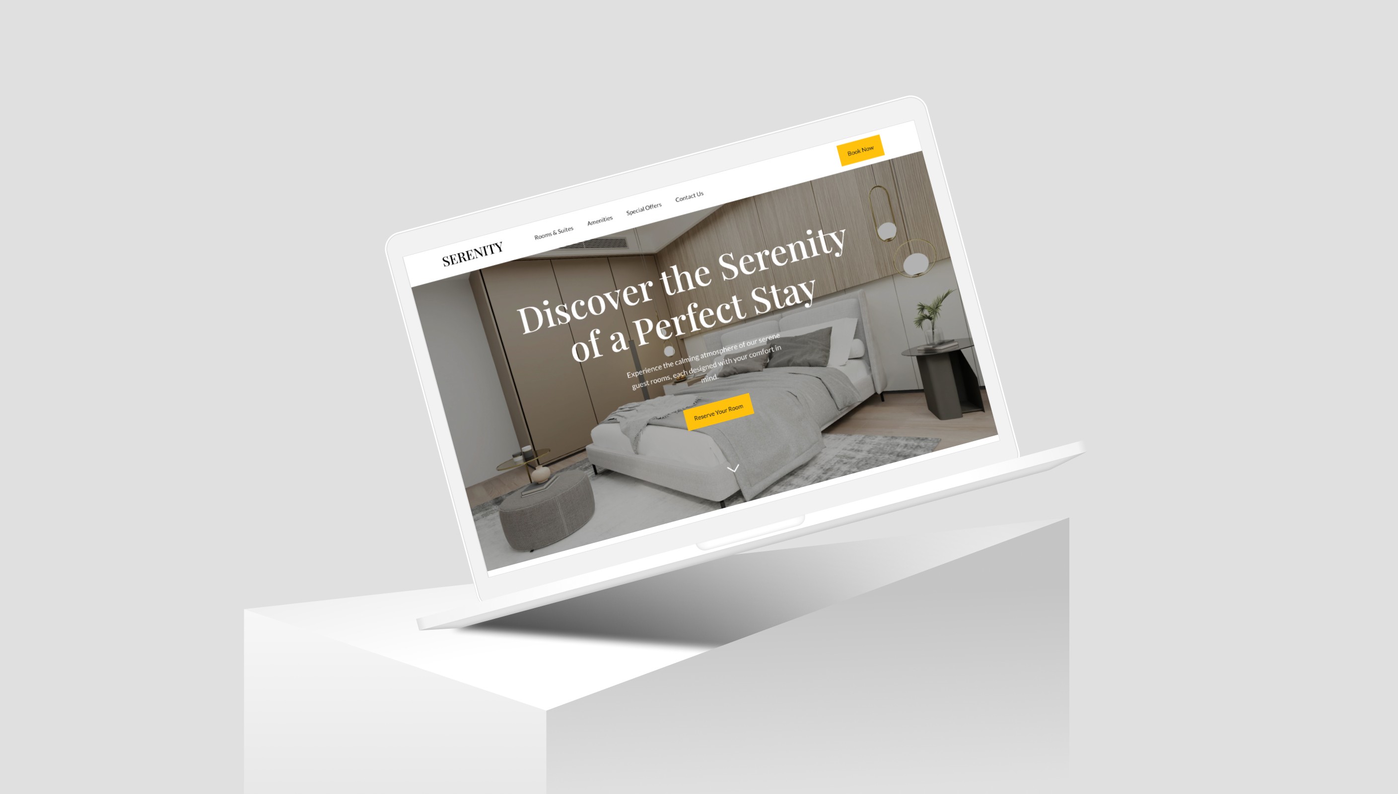 Serenity hotel website's welcoming first screen, inviting you to explore and book a tranquil stay with elegant design.