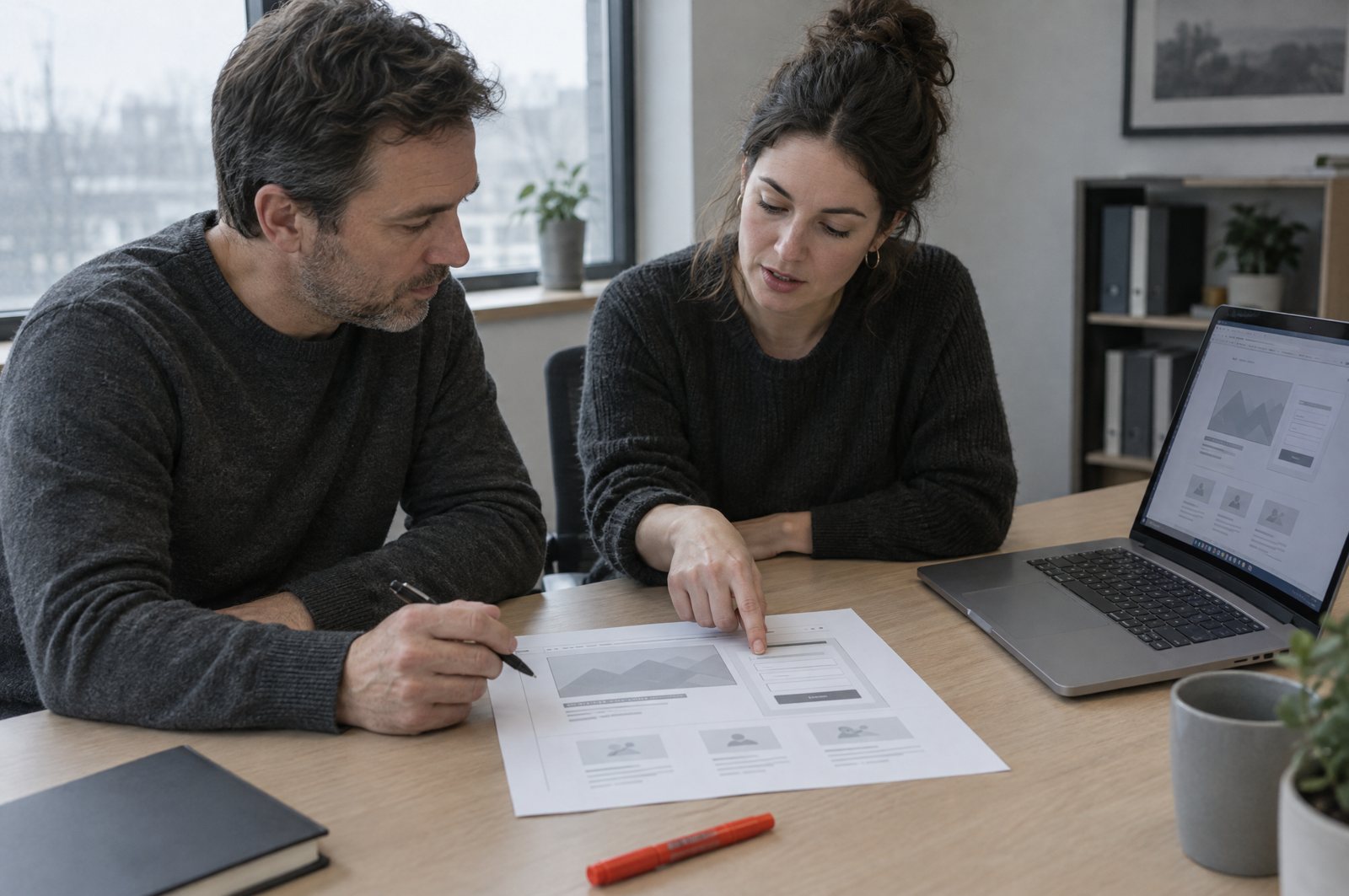 A founder and a marketing lead review a printed landing page wireframe together, pointing at the form section