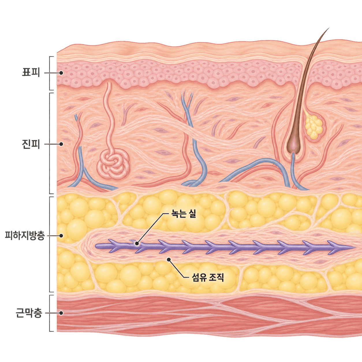 녹는 실이 들어가는 층과 실 둘레에 생기는 조직