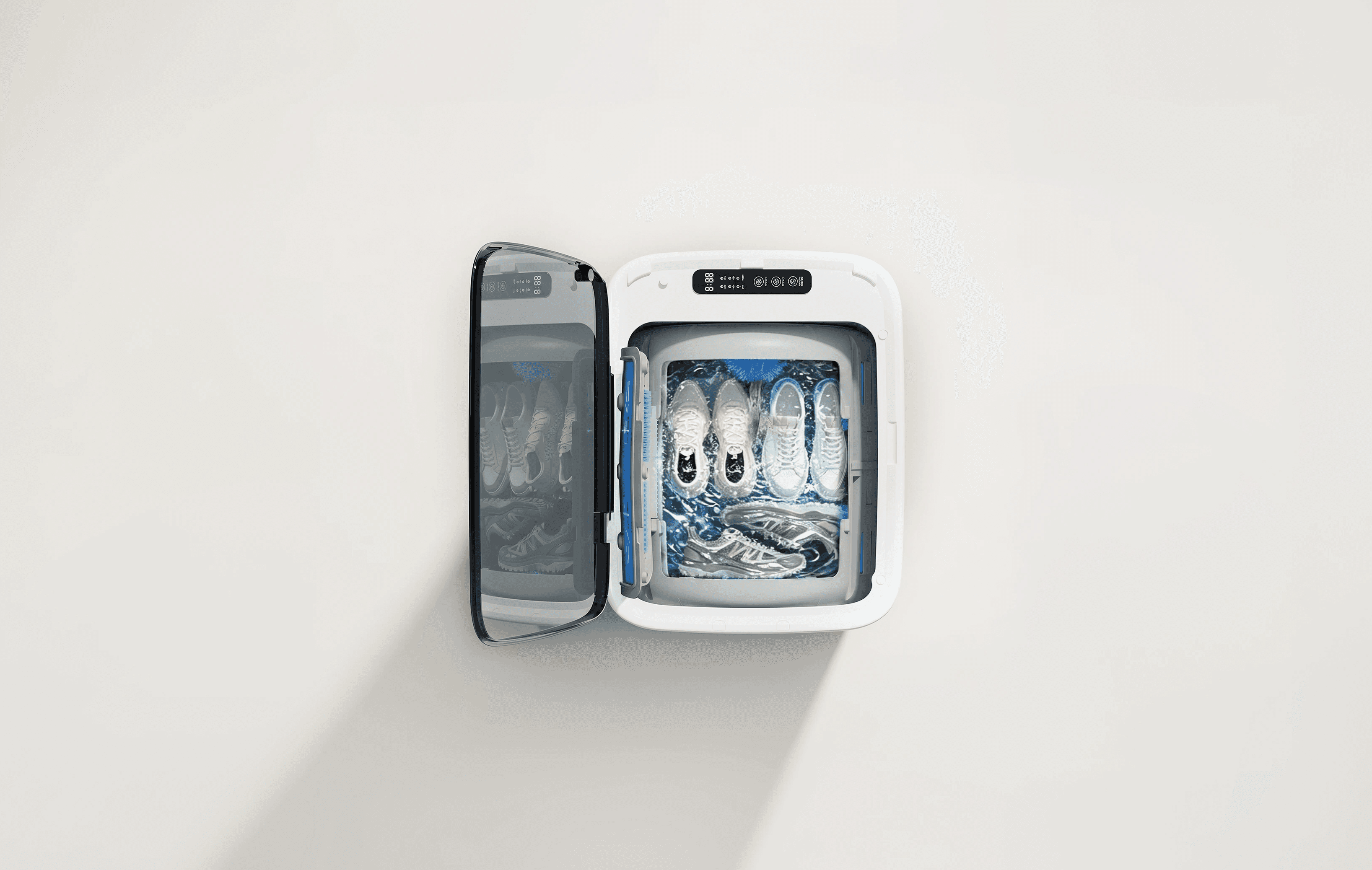 Woman in red outfit poses by a red telephone booth.