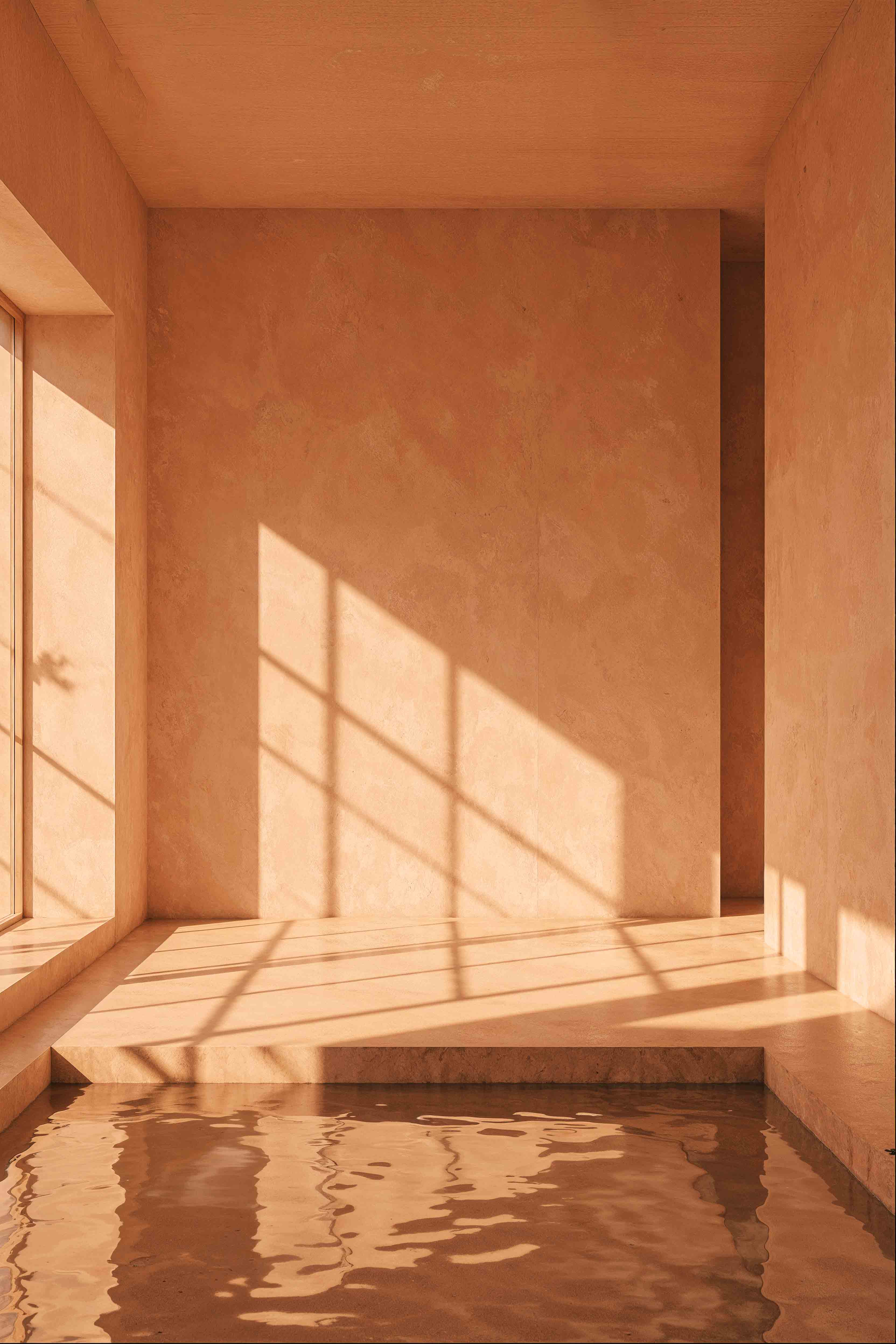 Beige interior with natural stone walls, sunlight, and geometric shadows over a calm water pool.