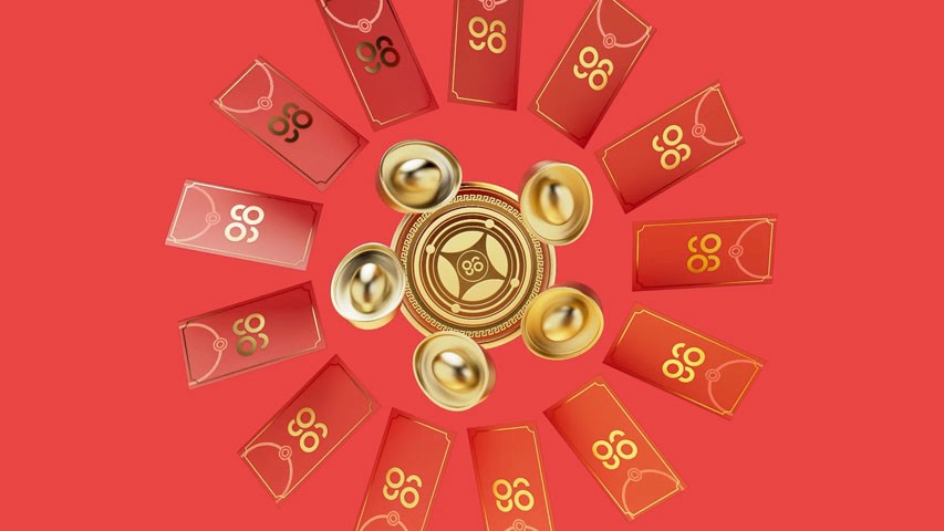Lucky envelopes and gold bars aligned in a circular composition, in the middle is a golden vault door