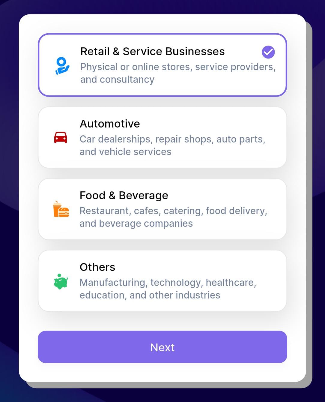ERP app business type selection screen for retail and service businesses.
