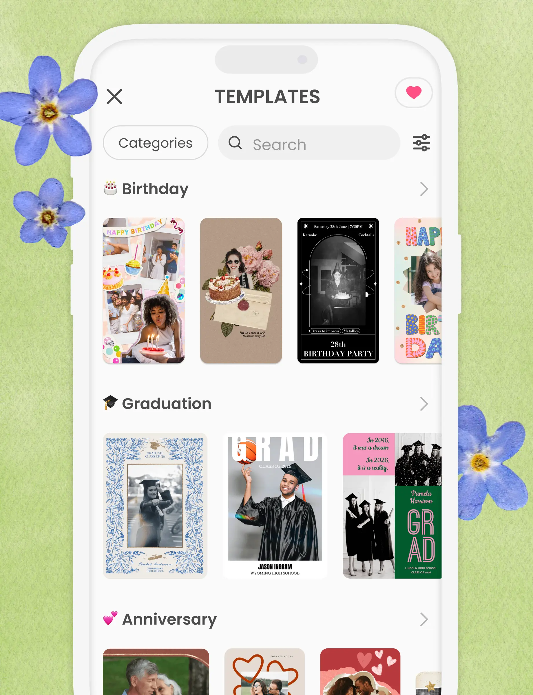 Step 1: browsing greeting card template categories like birthday and party in the PicCollage app