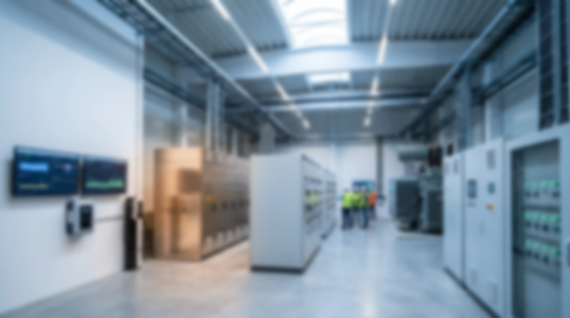 Moderne Industriehalle mit mehreren Schaltschränken und Steuerungsanlagen. Im Hintergrund sind unscharf drei Mitarbeitende in Warnkleidung zu erkennen, die durch den Produktionsbereich gehen.