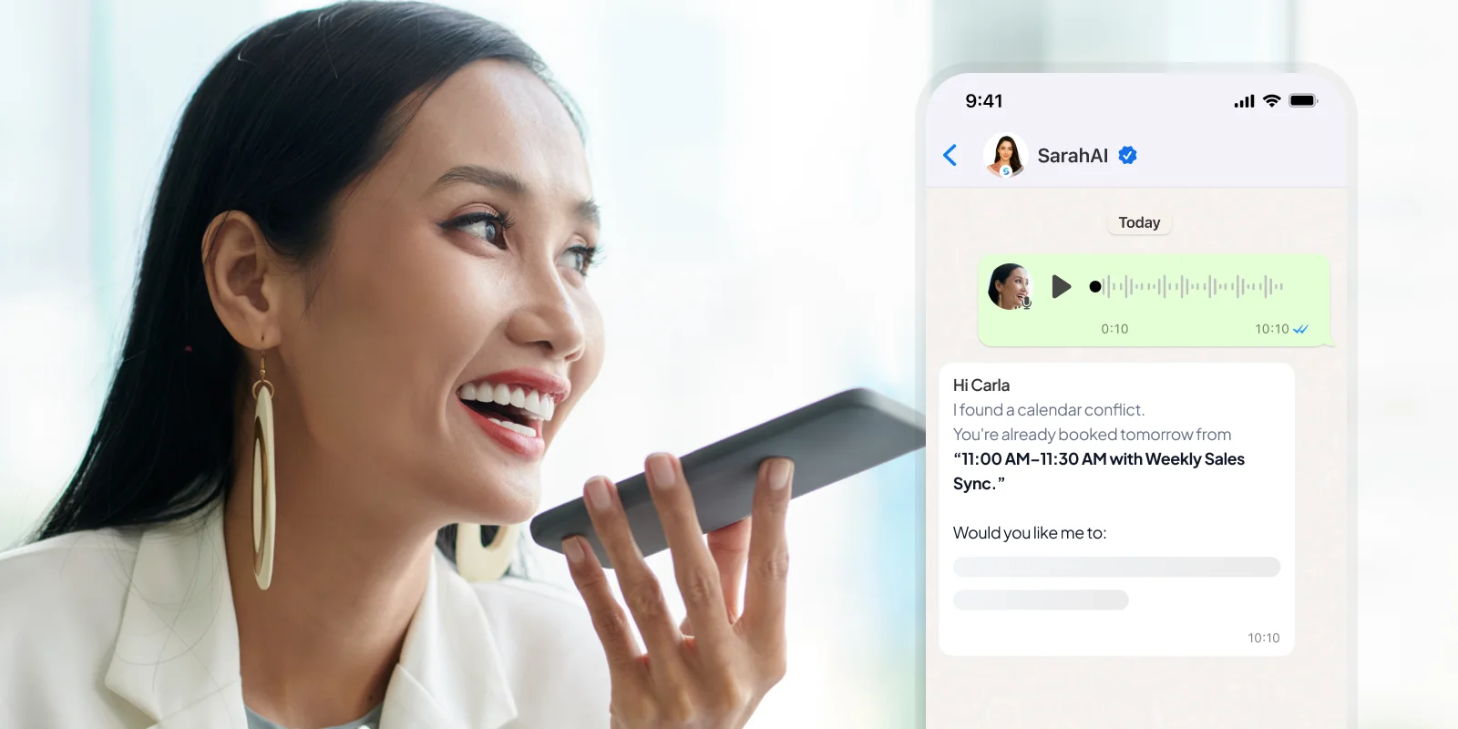 SarahAI scheduling a meeting from a WhatsApp voice note with calendar conflict alert