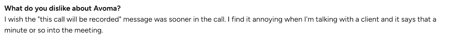 User review noting delayed call recording notification timing in Avoma