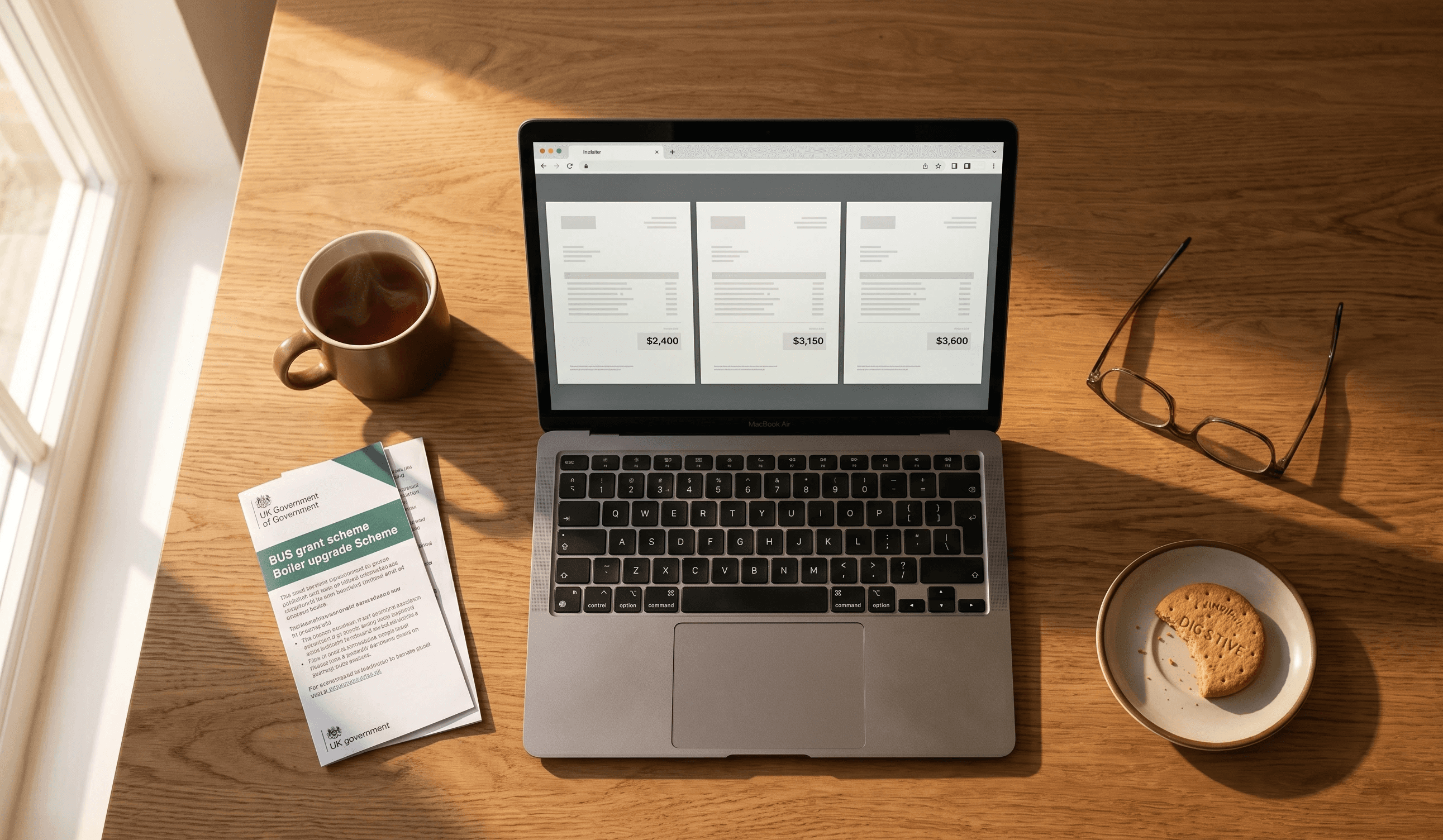 Homeowner laptop comparing three heat pump installer quotes — represents losing the bid because of slow follow-up while competitors quoted first.