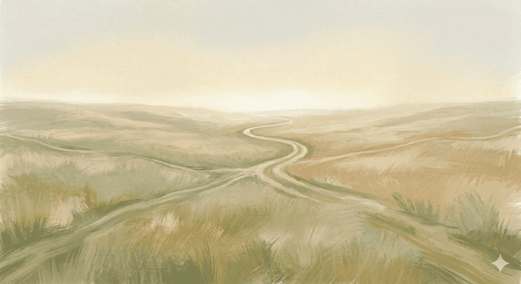 A serene landscape painting depicts a vast, open field with soft, muted colors, featuring a winding path that disappears into the horizon under a tranquil, hazy sky.