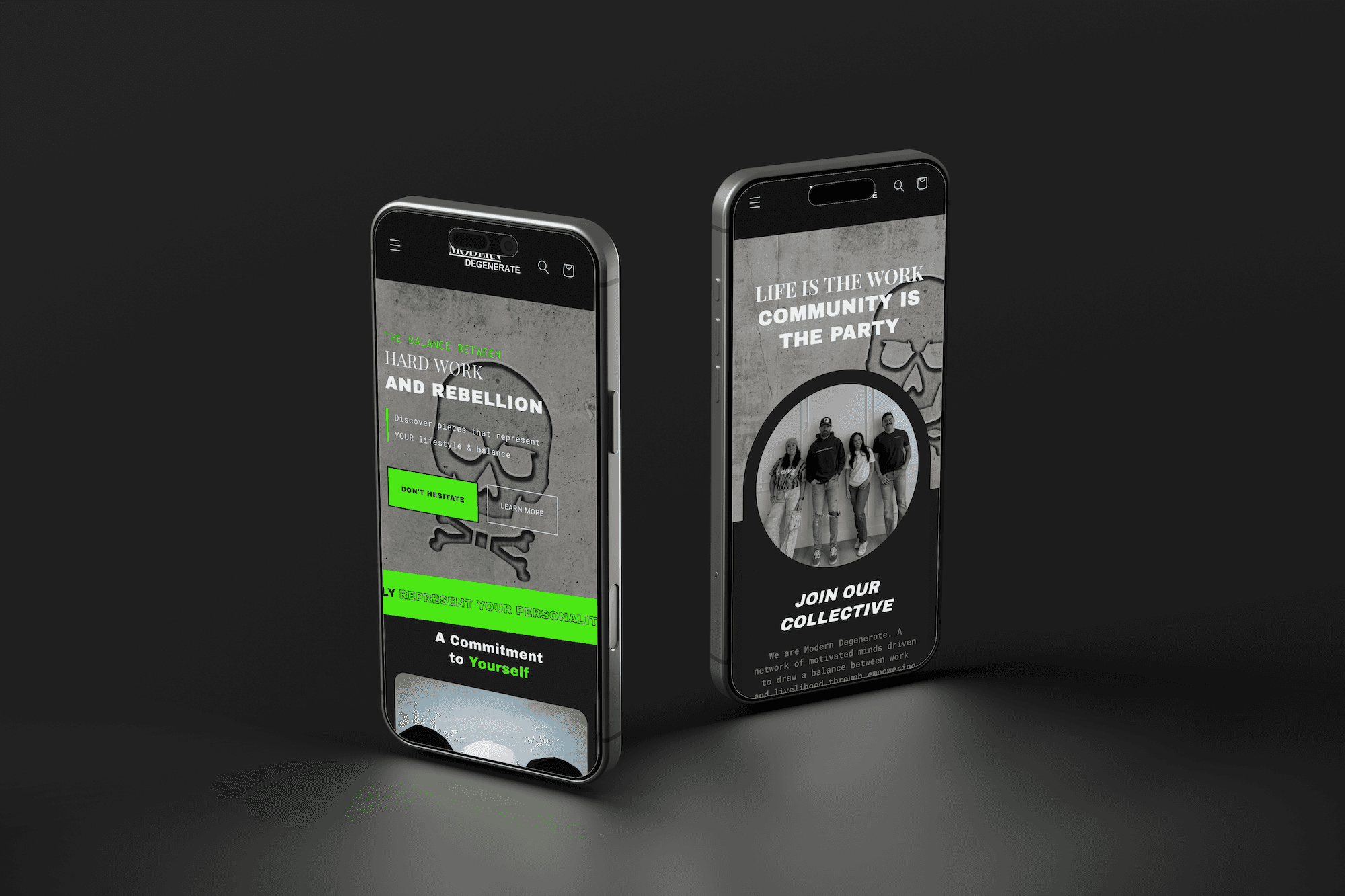 two phones in a dark room displaying a website on different pages