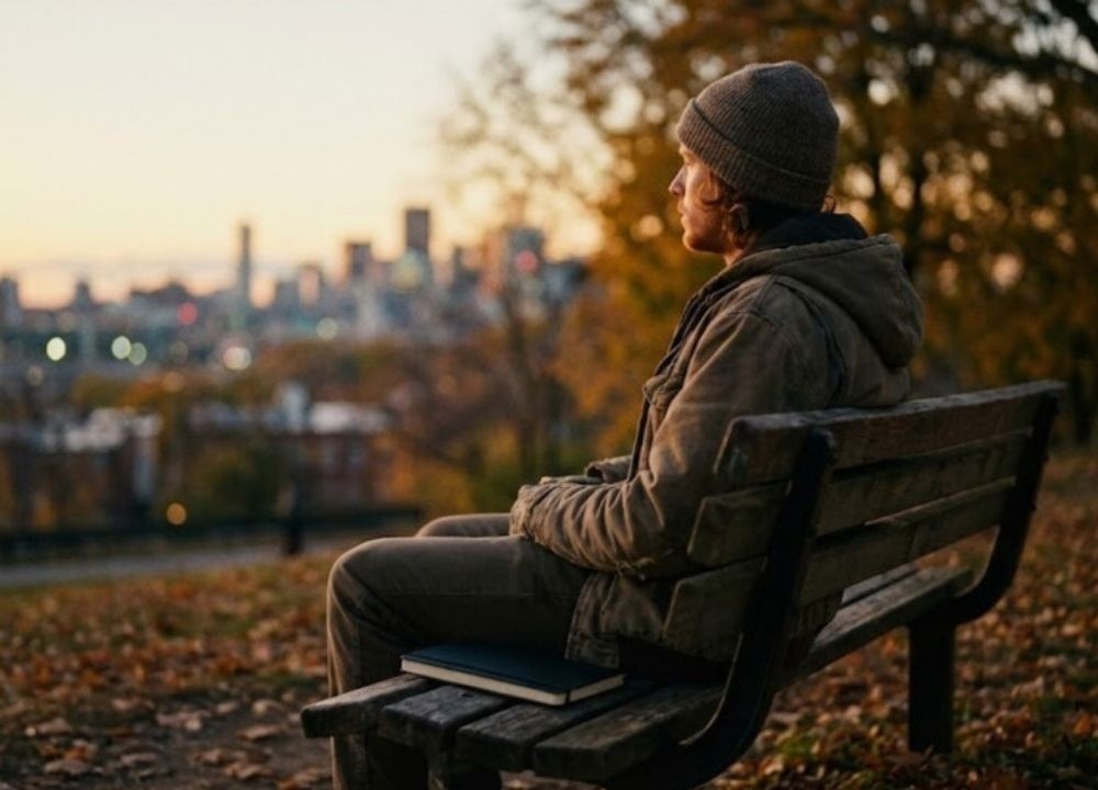 Person sitting alone on a park bench overlooking a city at sunset.