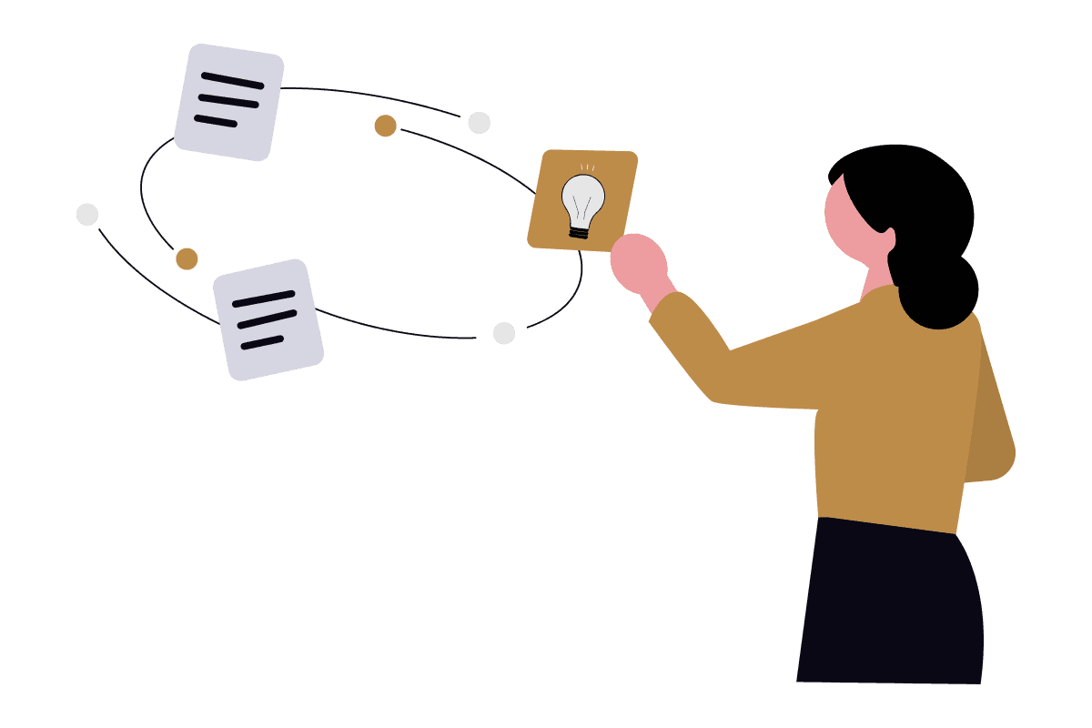 Person organisiert Dokumente und Ideen, symbolisiert durch schwebende Notizzettel mit einer Glühbirne - repräsentiert Wissensarchivierung