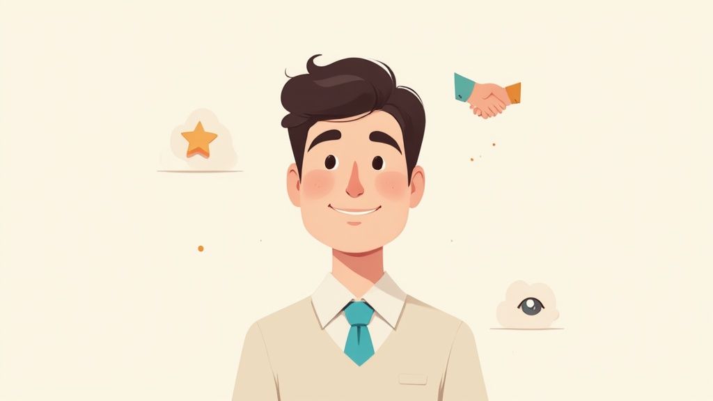 Eine Person lächelt selbstbewusst in die Kamera, was einen positiven und professionellen ersten Eindruck vermittelt.