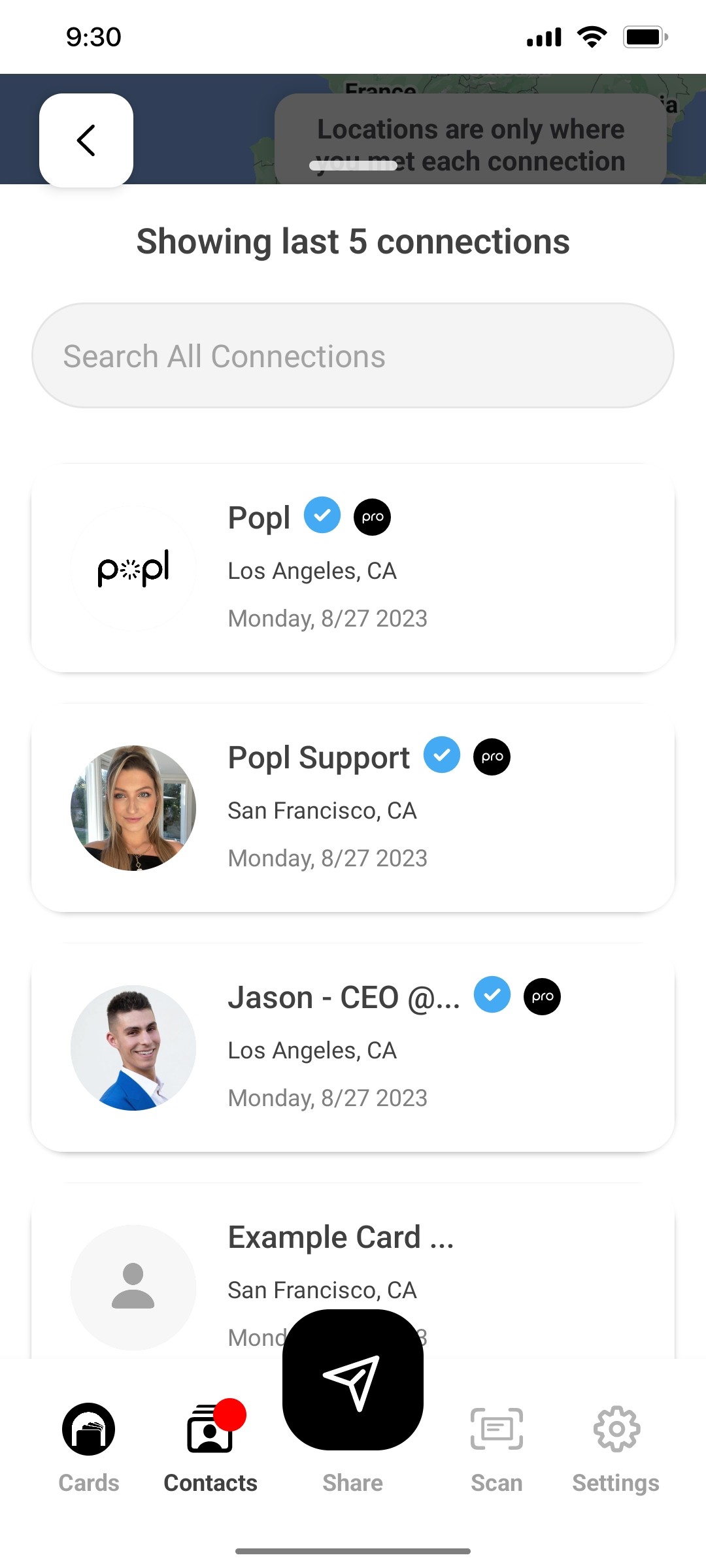 Popl Showing last 5 Connection Screen