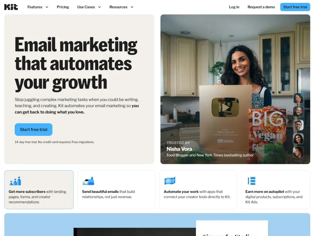 Kit website hero section with image on the right side and benefits card below the text and the hero image