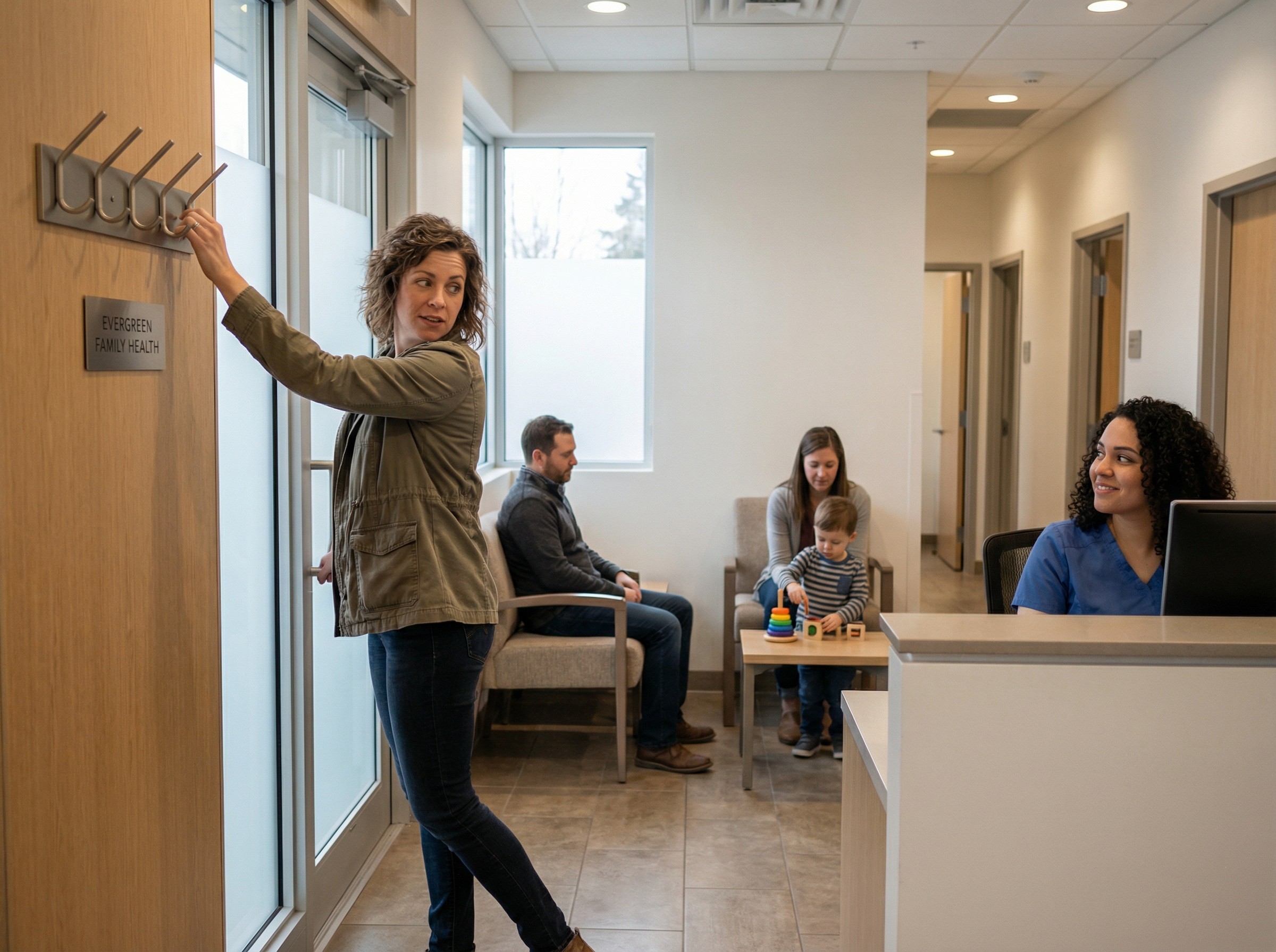 Im Eingangsbereich hängt ein dezentes Schild mit Praxisname neben der Garderobe. Eine Patientin tritt ein, hängt ihren Mantel auf und nickt der MFA am Empfang zu. Menschen sitzen geordnet, ein Kind spielt leise. Die Stimmung ist entspannt, der Ablauf wirkt eingespielt.