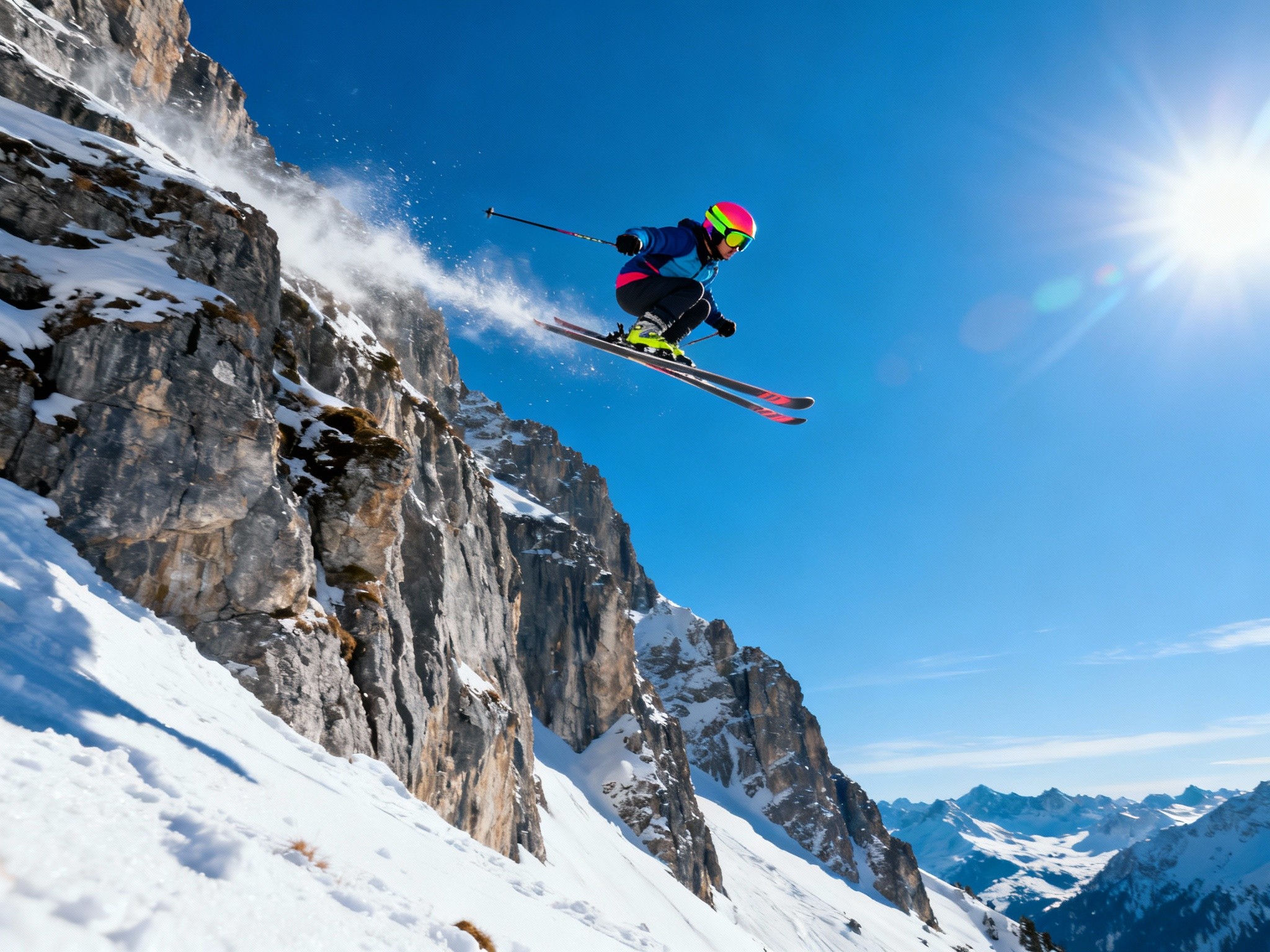 An expansive composition showcasing a dynamic scene of a skier mid-air wearing a vibrant ski helmet