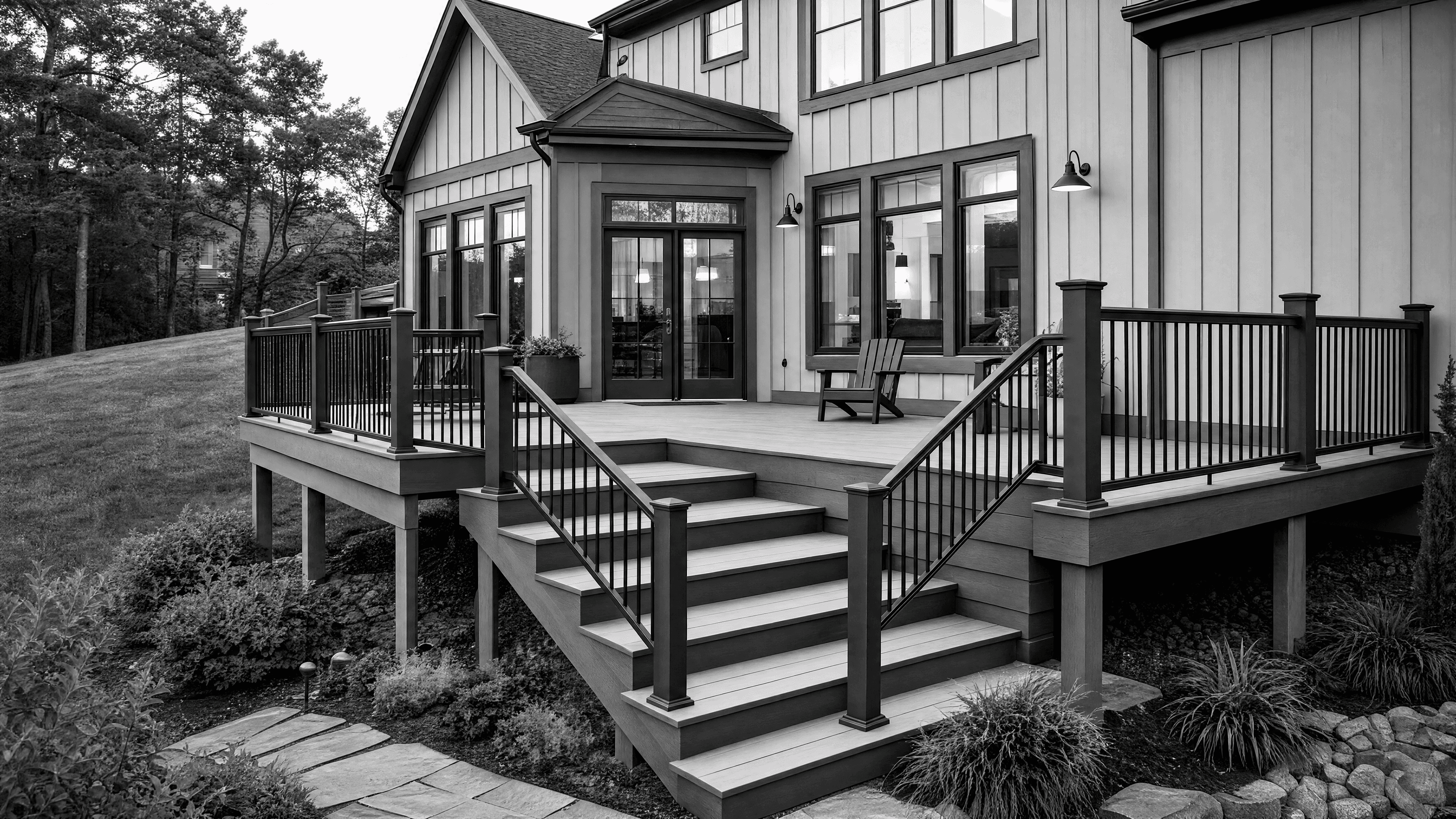 Completed elevated residential deck integrated with a two-story home, wide stairs, railings, and landscaped yard.