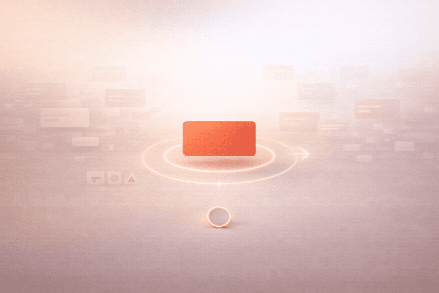 Minimalistische 3D-Illustration auf warmem cremebeigem Hintergrund mit einer zentral schwebenden korallorangenen Aufgabenkarte im Fokus, umgeben von verblassenden transparenten Karten, drei dezenten Filter-Symbolformen, einem Auswahlring mit Pfeil und einem kleinen Timer-Ring am unteren Rand als Zeichen für geschützte Prioritätszeit.