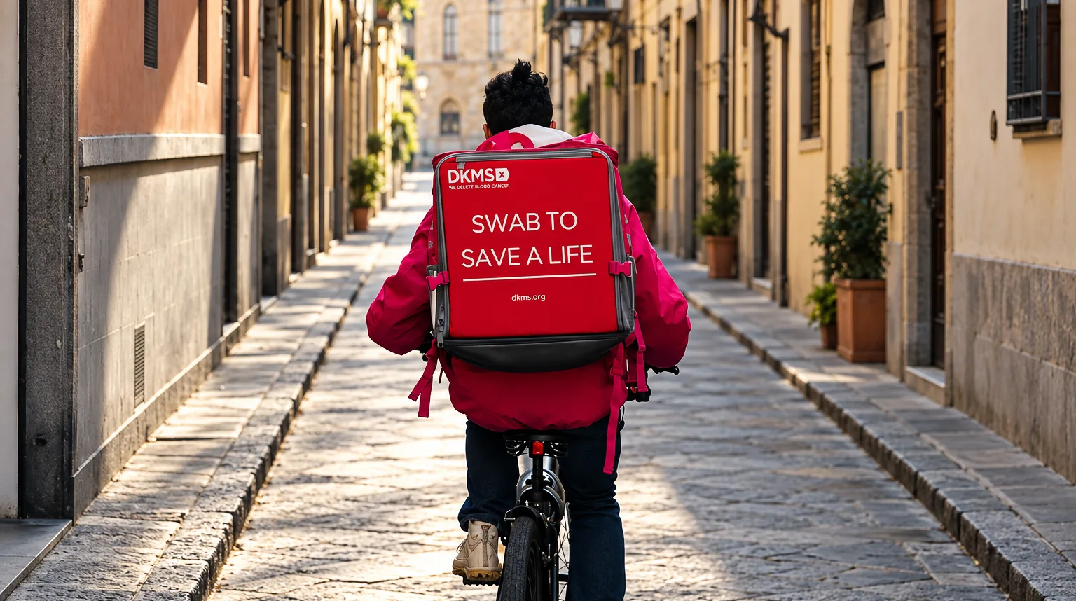 DKMS courier delivering swab kits on bike with "Swab to Save a Life" bag for bone marrow donation