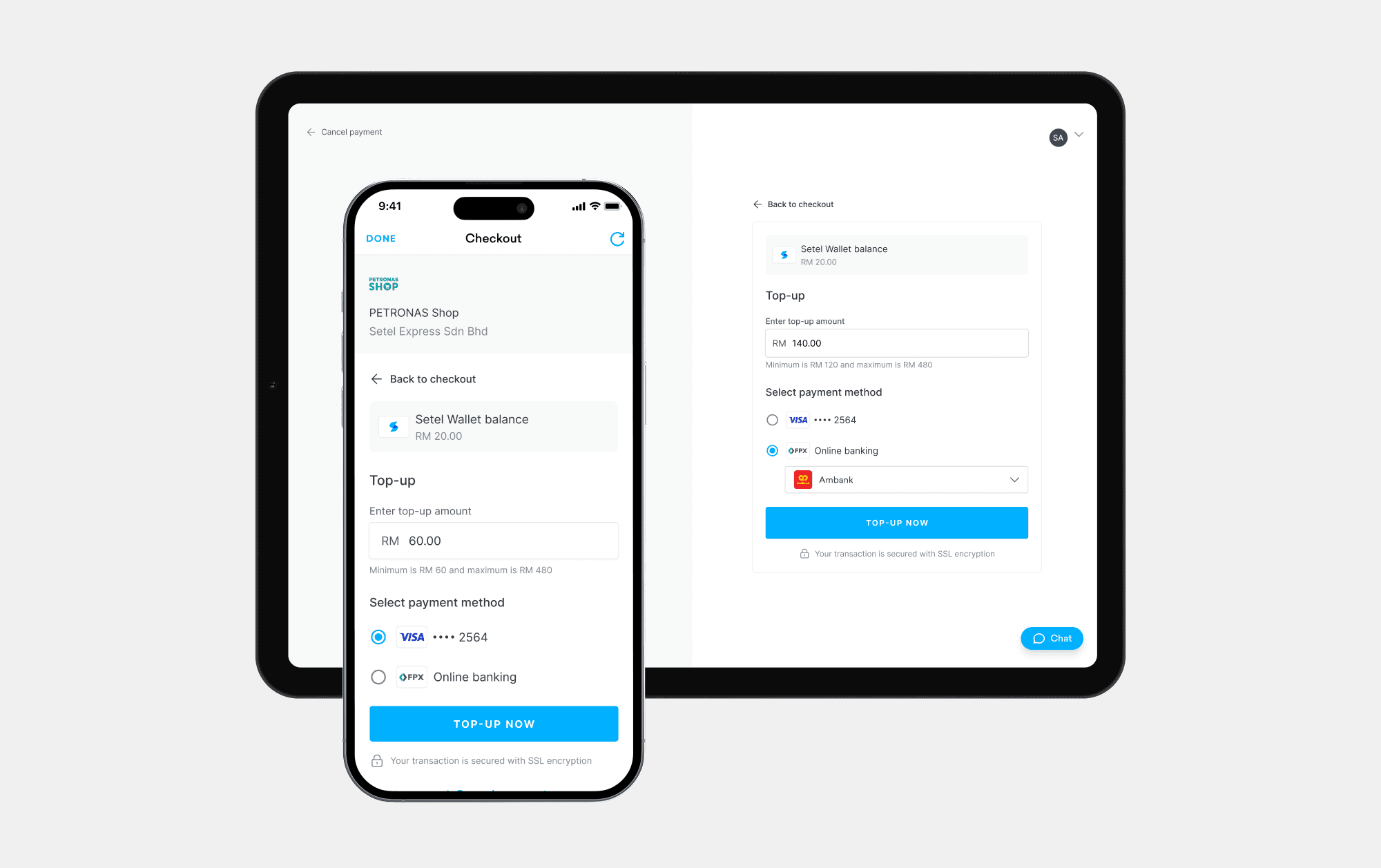 Desktop and mobile view of top up screen