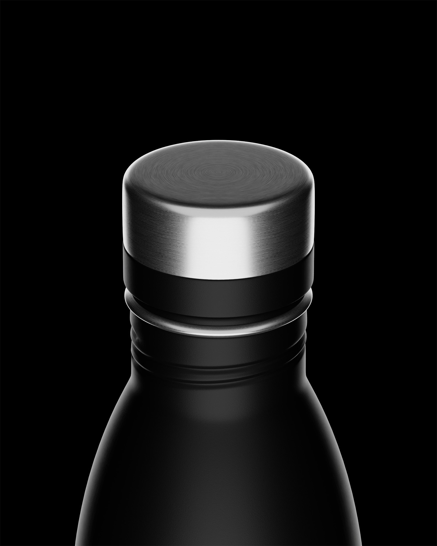 Close-up of a dark bottle cap with a silver top, set against a black background.