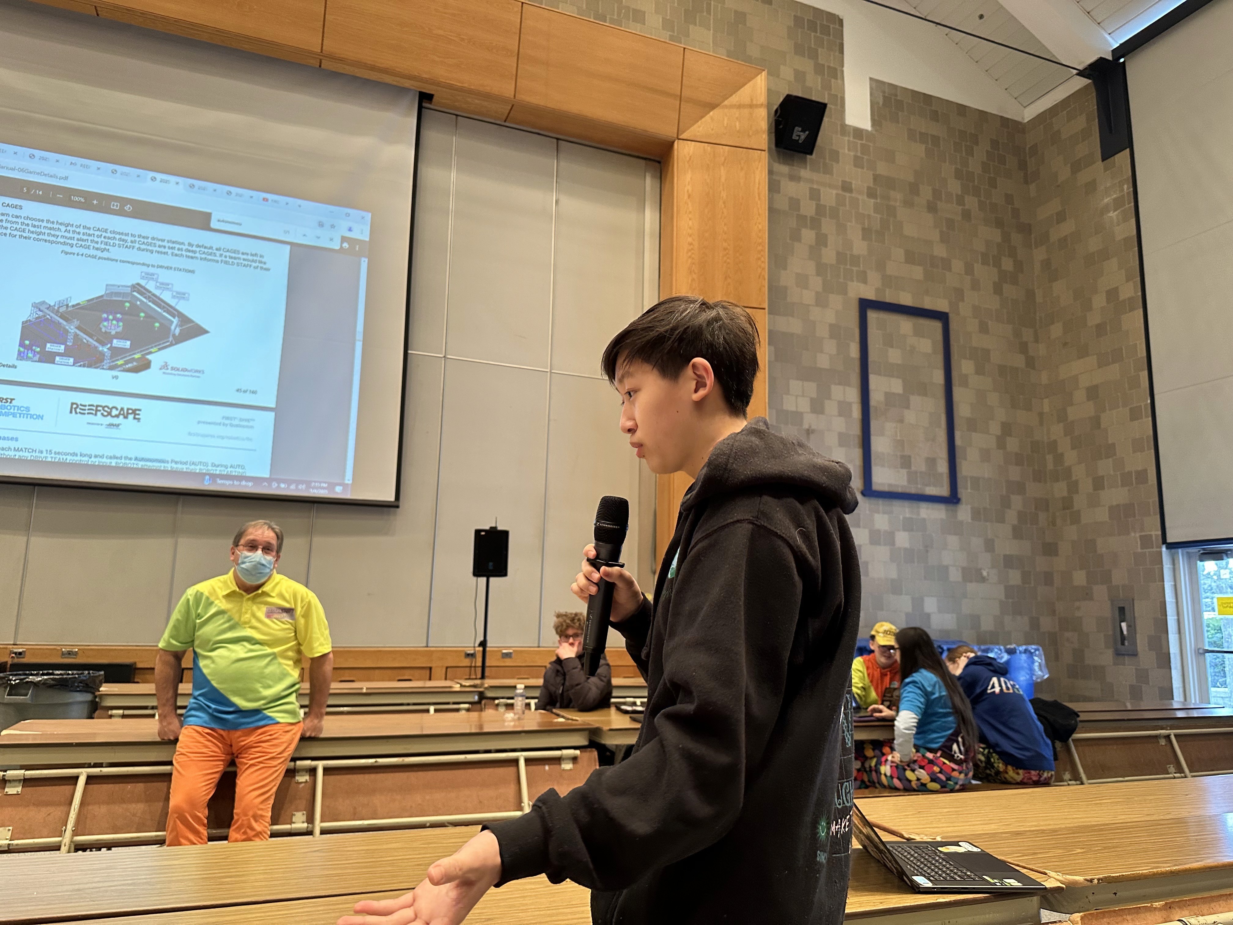 FRC 10015 Bubbles team captain Ryan Zhang Talks about game analysis during the Makeshift Kickoff event
