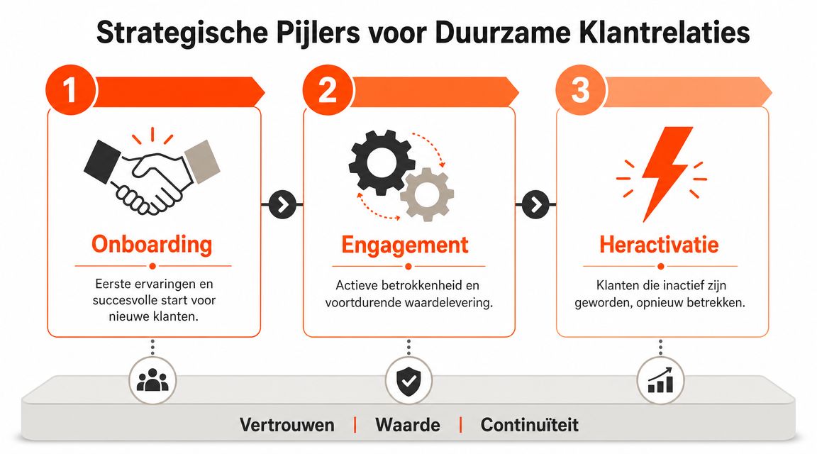 Een overzicht van drie strategische pijlers voor duurzame klantrelaties: onboarding, engagement en heractivatie met onderliggende kernwaarden.