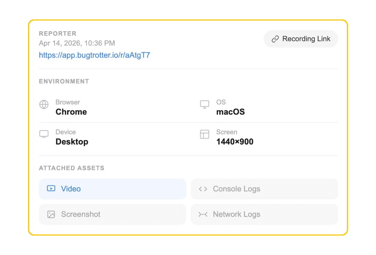 Bugtrotter console showing auto-captured metadata