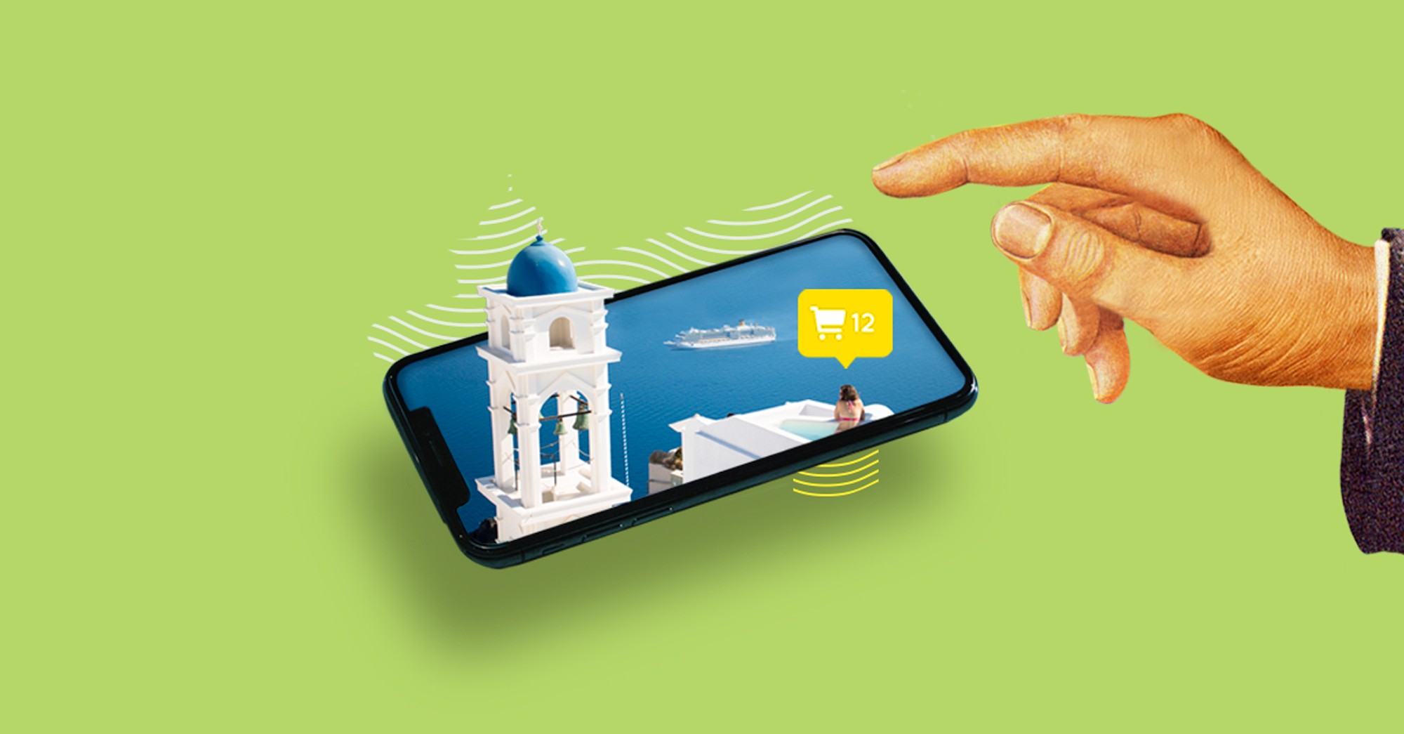 Mano tocando pantalla de smartphone con ícono de carrito de compras sobre fondo verde.