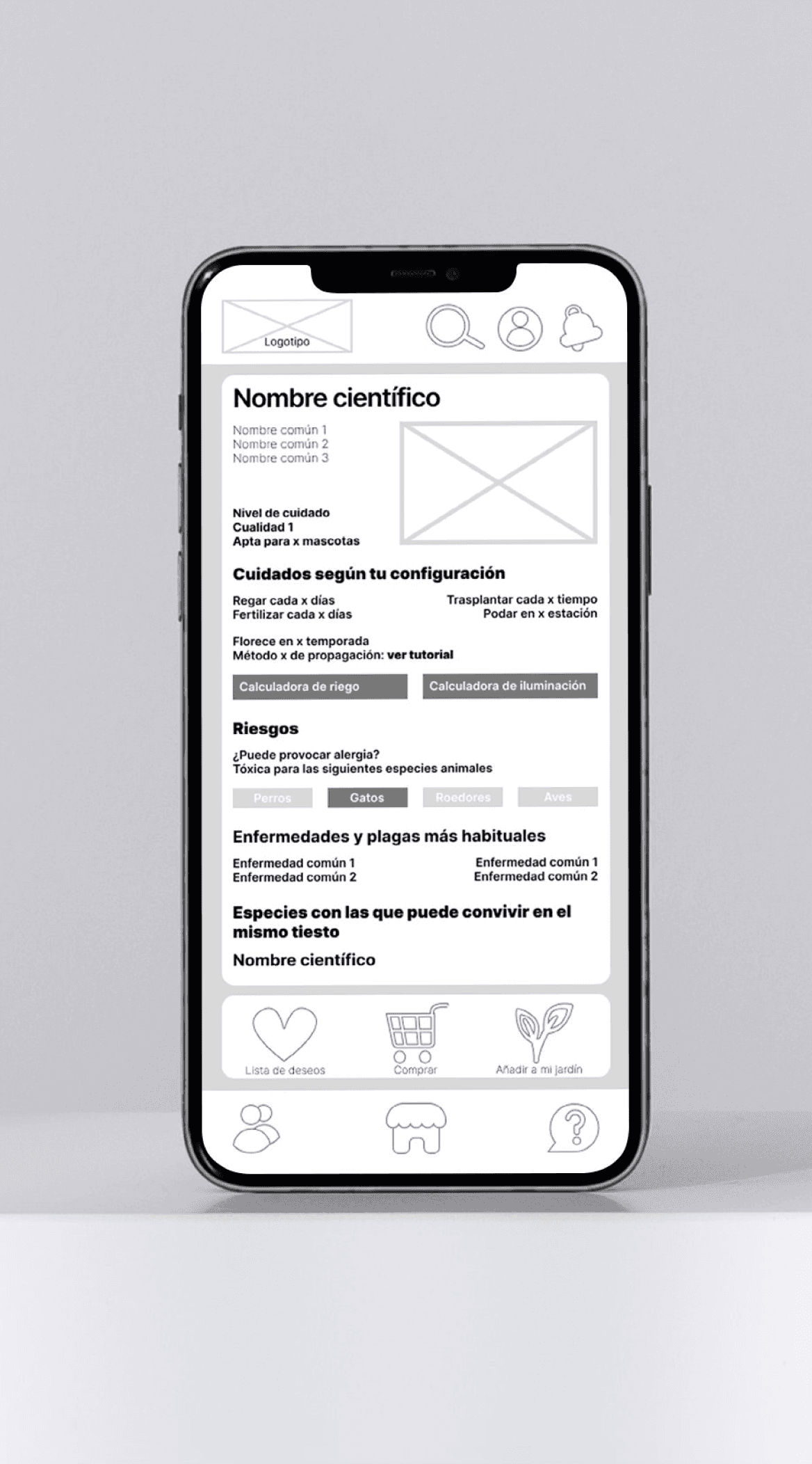 Vista previa del prototipo de baja fidelidad de la app de jardinería