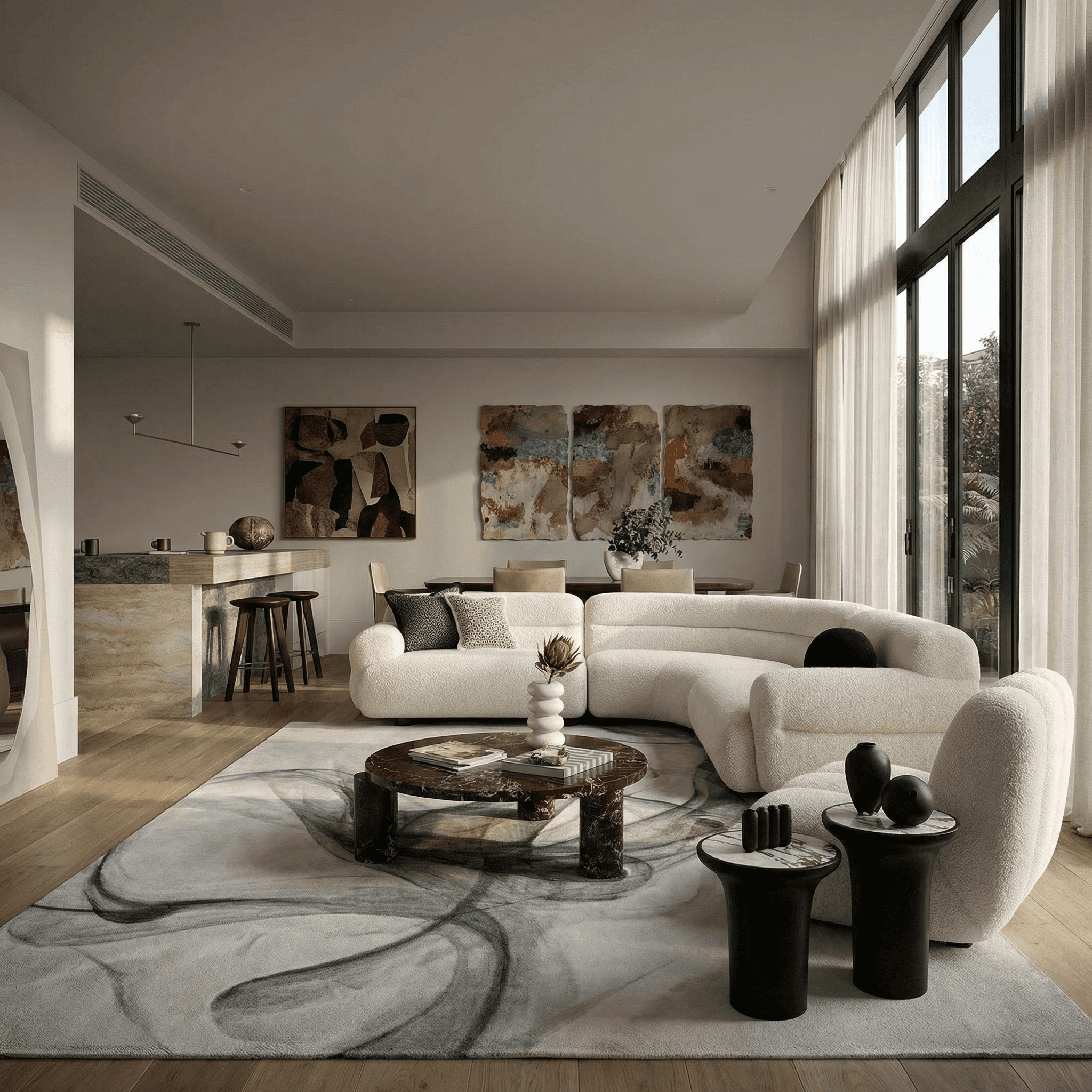 Modern terracotta architecture studio with curved ceilings, grid windows, round tables, stools, plants, and a contemporary chandelier.