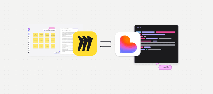 This image illustrates a Miro board with sticky notes, a Lovable app logo, and lines of code, symbolizing a workflow or integration between the two applications.