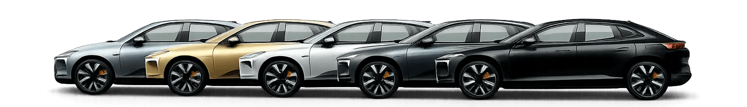 Polestar 4 de profil dans plusieurs coloris, comparaison des teintes disponibles du SUV coupé électrique