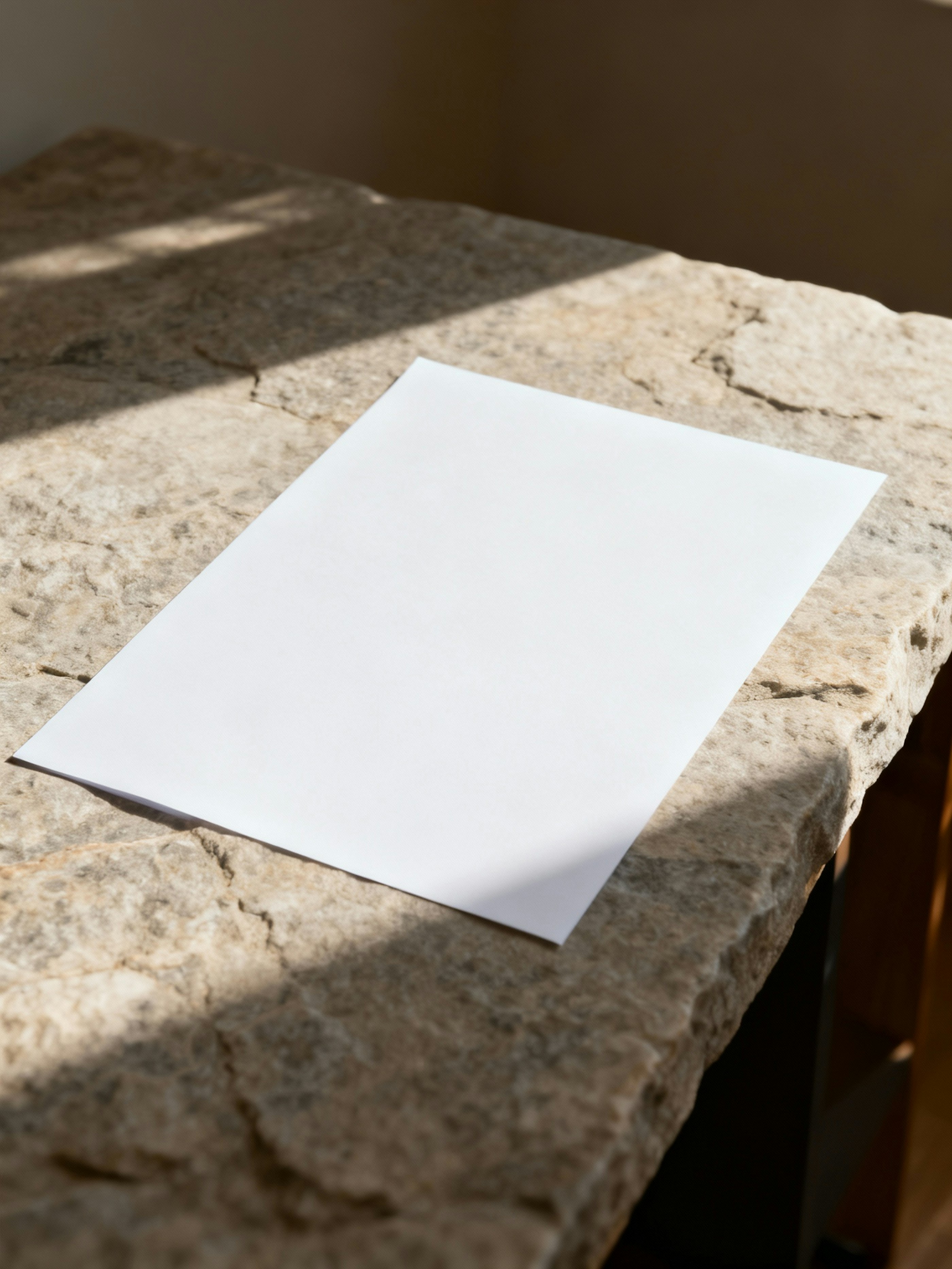 A blank white sheet of paper lying on a rough stone slab, crossed by bands of hard sunlight